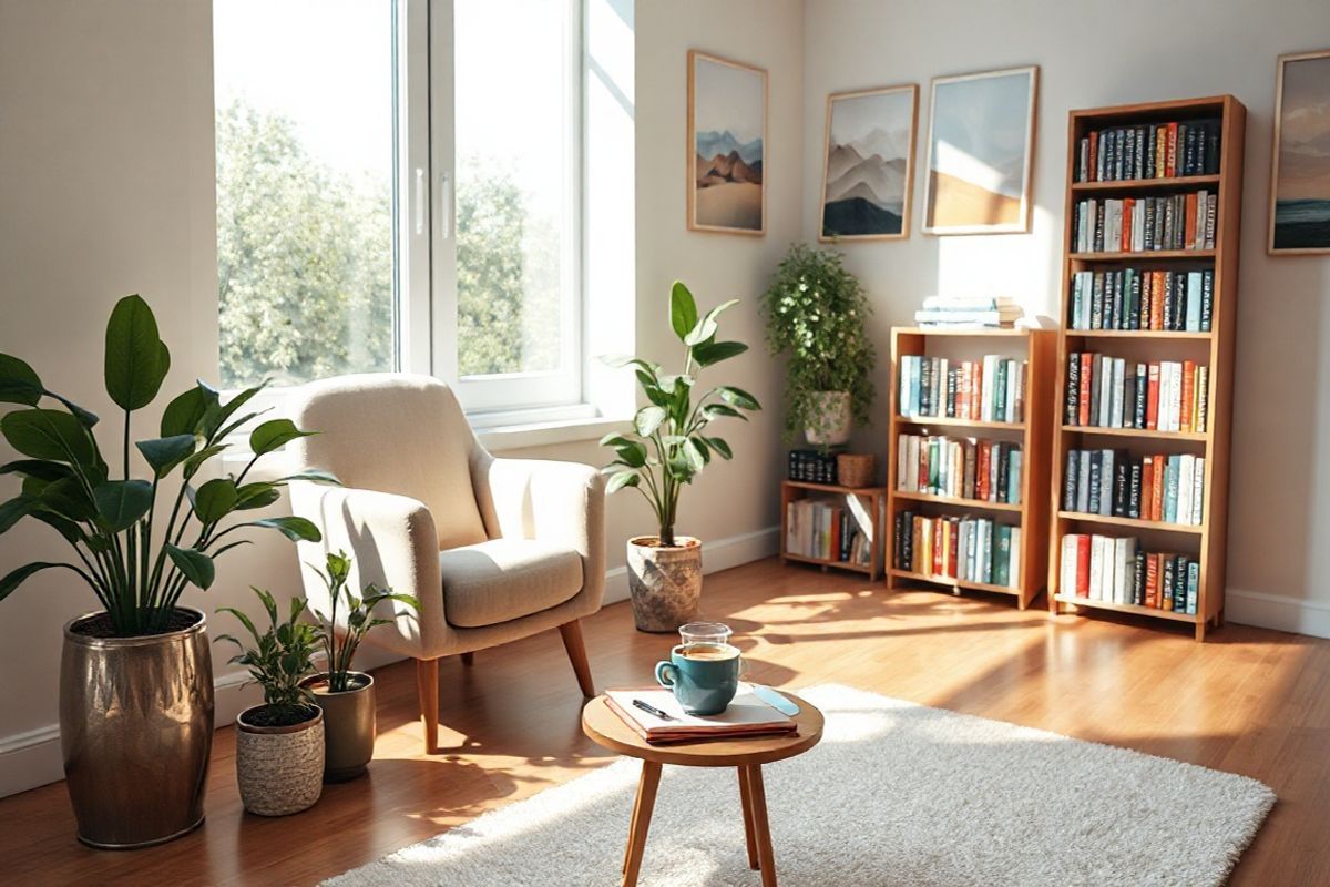 A serene and inviting scene of a cozy, sunlit therapy room designed for individuals managing schizophrenia. The room features a plush, comfortable armchair in soft, muted colors, positioned near a large window that allows natural light to flood in, casting gentle shadows on the wooden floor. Lush green plants in decorative pots add a touch of nature, symbolizing growth and healing. On a small side table, a steaming cup of herbal tea rests next to an open notebook with a pen, suggesting the importance of reflection and self-care. In the background, a bookshelf filled with colorful books on mental health and wellness stands, emphasizing education and empowerment. The walls are adorned with calming artwork depicting abstract landscapes and soft, pastel hues, creating a tranquil atmosphere. A soft rug underfoot adds warmth and comfort, inviting individuals to relax and feel supported. The overall ambiance is one of peace, safety, and encouragement, embodying the essence of community support and personal growth in the long-term management of schizophrenia.