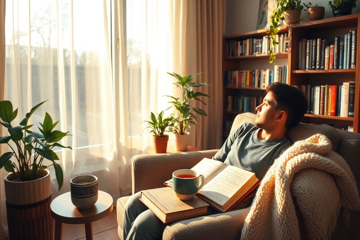 A serene and introspective scene unfolds in a softly lit room, where a young adult sits on a comfortable armchair, gazing thoughtfully out of a large window. The warm, golden light of the late afternoon sun filters through sheer curtains, casting gentle shadows across the room. On a small table beside the chair, a steaming cup of herbal tea sits next to an open journal, its pages filled with handwritten notes and sketches, symbolizing the individual’s journey through mental health.   In the background, a cozy bookshelf is filled with an array of books on psychology, self-help, and personal development, reflecting a quest for understanding and healing. Potted plants in the corners of the room bring a touch of nature, their vibrant green leaves symbolizing growth and renewal. The calm ambiance is further enhanced by soft cushions and a plush throw blanket draped over the armchair, inviting a sense of comfort and safety. This image encapsulates the essence of self-reflection and the importance of a supportive, nurturing environment in the journey of managing schizophrenia.