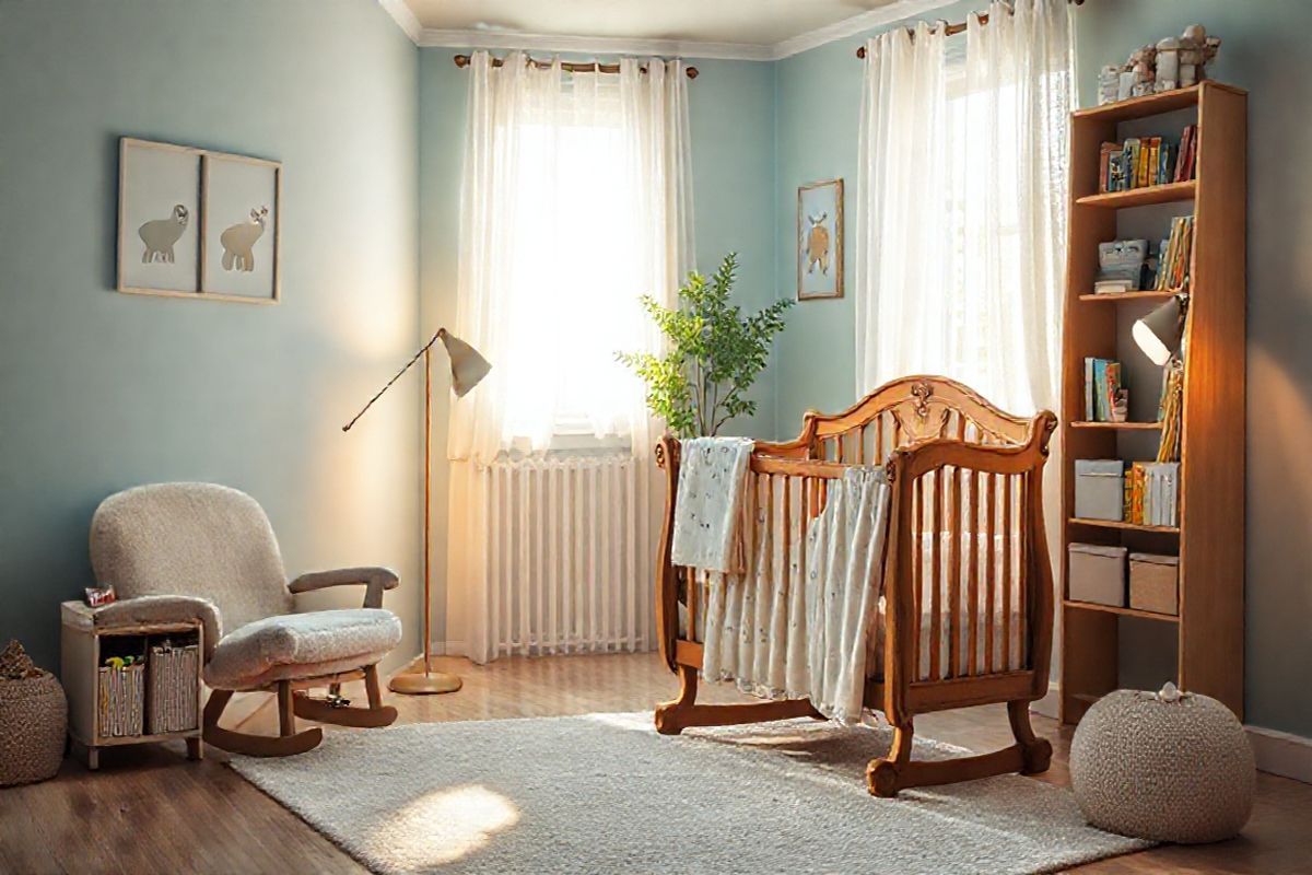 A photorealistic decorative image depicts a serene and softly lit nursery room, designed to evoke feelings of warmth and comfort. The focal point is a beautifully crafted wooden crib with delicate, intricately carved details, adorned with a soft, pastel-colored blanket featuring subtle patterns. Nearby, a plush rocking chair invites relaxation, surrounded by gentle lighting from a vintage floor lamp that casts a warm glow. The walls are painted in soothing shades of pale blue, with whimsical animal-themed artwork framing the room. A small bookshelf, filled with colorful children’s books, sits against one wall, emphasizing a nurturing environment. In one corner, a potted plant adds a touch of green, symbolizing growth and hope. Sunlight filters through sheer curtains, illuminating the room with a soft, golden hue, while a cozy rug sprawls across the floor, inviting little feet to explore. The overall atmosphere is peaceful and inviting, reflecting the love and care that surrounds a child, while subtly hinting at the journey of seeking understanding and treatment for conditions like Menkes disease.