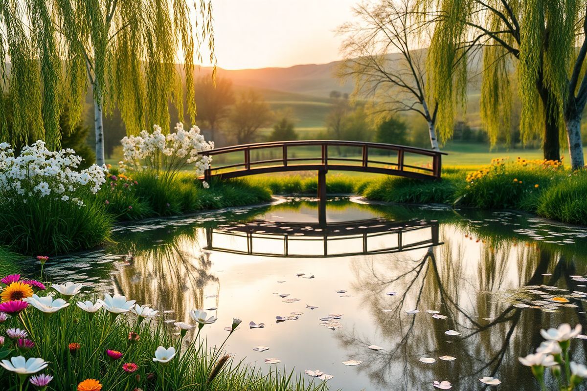 A serene, photorealistic image of a tranquil heart-shaped pond surrounded by lush greenery and vibrant wildflowers. In the foreground, delicate, white cherry blossom petals gently float on the water’s surface, reflecting the soft hues of a pastel sunset. The background features a variety of trees, including willows and birches, their branches swaying lightly in a soft breeze. A wooden bridge arches gracefully over the pond, inviting viewers to imagine a peaceful stroll. Sunlight filters through the leaves, creating dappled shadows on the ground, enhancing the sense of calm and tranquility. In the distance, rolling hills are painted in shades of green and gold, completing the idyllic landscape. The overall atmosphere conveys harmony and well-being, symbolizing heart health and the importance of a serene lifestyle. This image represents the essence of balance and self-care, making it an ideal visual companion to discussions about managing health conditions like Mitral Valve Prolapse.