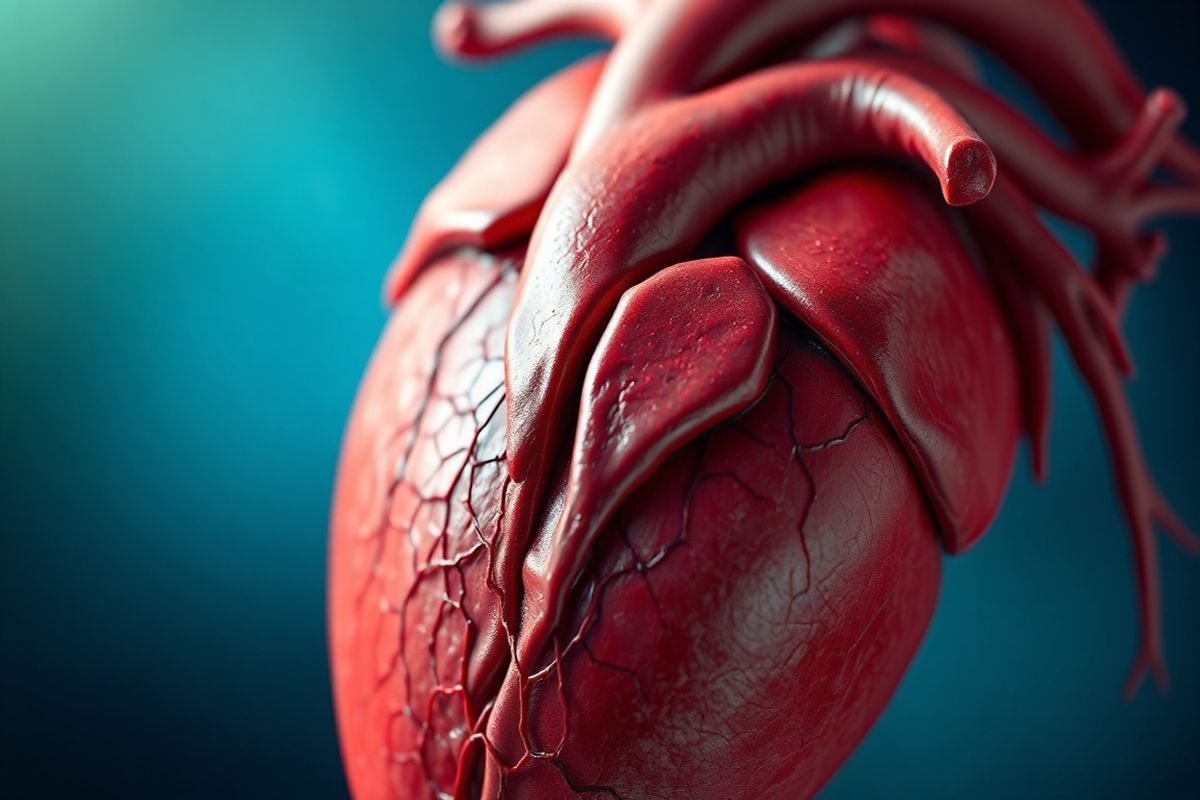 A close-up, photorealistic image of a healthy human heart, prominently featuring the mitral valve in its natural state. The heart is depicted in rich, vibrant colors, showcasing its intricate anatomical details, including the surrounding arteries and veins. Soft, diffused lighting highlights the textures of the heart tissue, creating depth and dimension. In the background, a subtle gradient of blues and greens evokes a sense of calmness and well-being, symbolizing heart health. The mitral valve is perfectly positioned at the center, demonstrating its role as a one-way door between the left atrium and left ventricle. The image conveys a sense of vitality and harmony, inviting viewers to appreciate the complexity and beauty of the heart’s structure while emphasizing the importance of maintaining cardiovascular health.