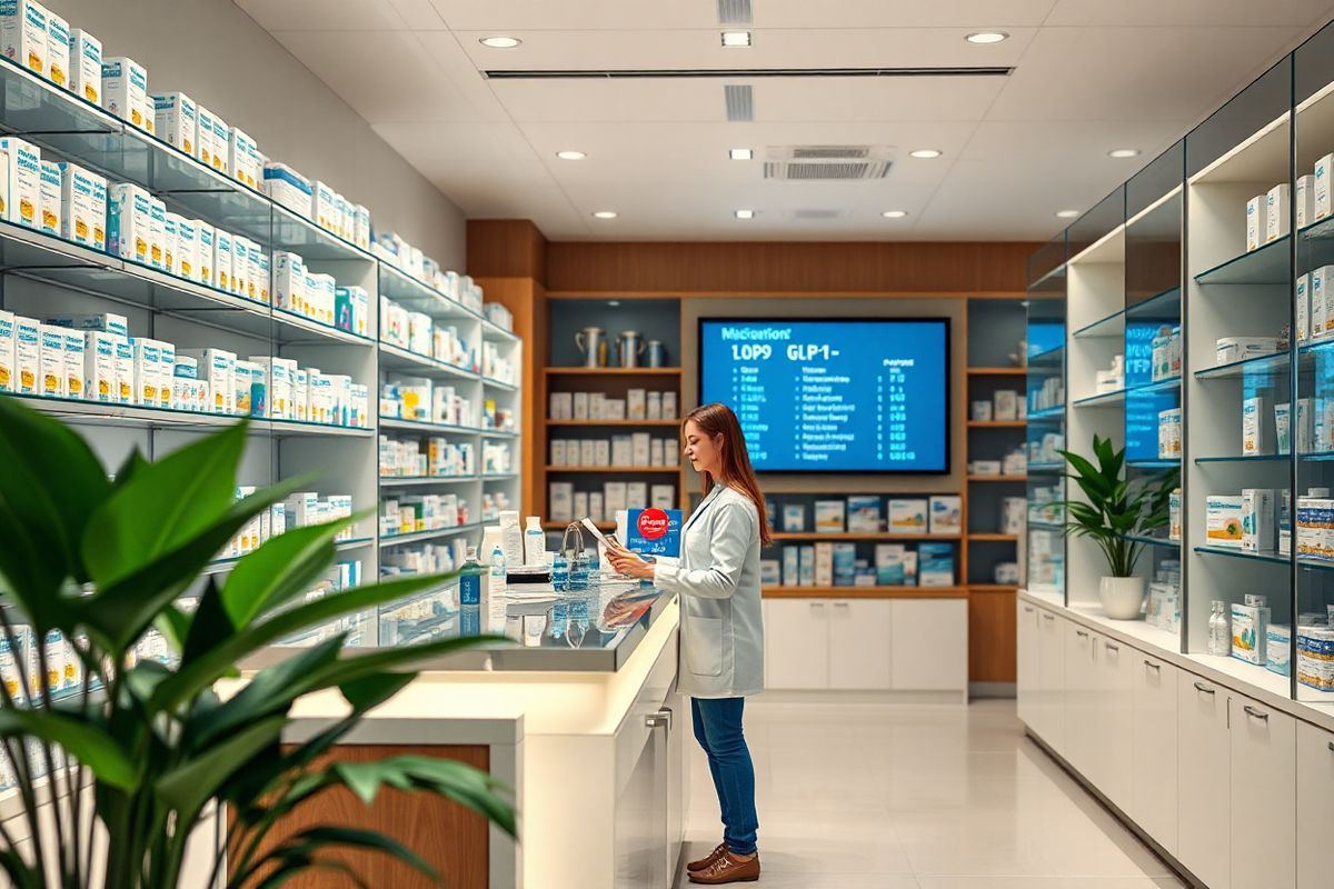 A photorealistic image of a modern pharmacy interior, showcasing well-organized shelves filled with various pharmaceutical products, including a prominent display of GLP-1 medication boxes like Mounjaro. The pharmacy should have a clean, bright atmosphere with soft, warm lighting, emphasizing a welcoming and professional environment. The focus can be on a pharmacist assisting a patient at the counter, engaged in a conversation about medication options. In the background, a digital display board can subtly highlight medicine availability without showing any text. The scene captures the urgency and importance of medication access, conveying a sense of hope and support for patients managing their health conditions. The pharmacy’s design features sleek, contemporary furnishings with a mix of glass and wood elements, and the shelves should be stocked neatly, showcasing the contrast between the vibrant medication packaging and the calming pharmacy decor. A few potted plants can be placed strategically to add a touch of greenery, enhancing the overall comforting atmosphere of the space.