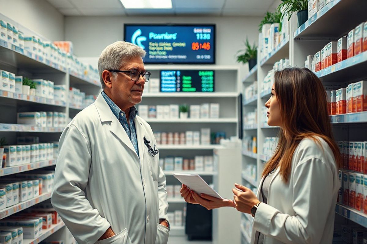 A photorealistic image depicting a serene pharmacy setting, featuring neatly organized shelves stocked with various medication boxes, including a prominent display of Mounjaro. The pharmacy is well-lit, with soft, warm lighting highlighting the clean, modern design. In the foreground, a pharmacist, a middle-aged individual wearing a white lab coat and glasses, is attentively assisting a patient, who appears hopeful yet concerned. The patient, a young woman in casual attire, holds a prescription in her hand while looking at the pharmacist with a mix of anticipation and anxiety. In the background, a digital screen shows the pharmacy’s inventory status, subtly indicating ongoing supply challenges. The atmosphere conveys a sense of urgency and care, emphasizing the importance of medication access. The shelves are adorned with plants, adding a touch of warmth and a calming effect to the environment. Overall, the image captures the emotional weight of the Mounjaro shortage, highlighting the human connection between healthcare providers and patients in navigating these challenges together.