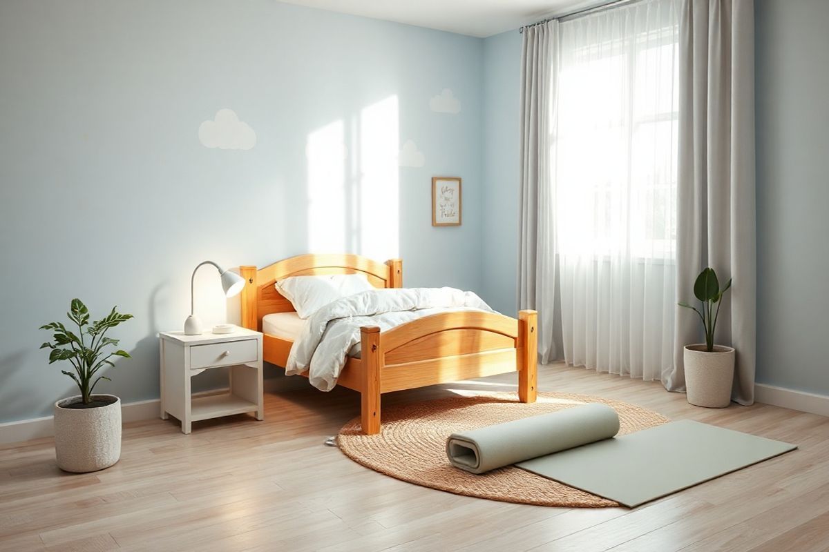 A serene bedroom scene designed for a child with narcolepsy, showcasing a cozy and calming atmosphere. The room features soft pastel colors, with light blue walls adorned with whimsical cloud and star patterns. A charming wooden bed with fluffy, cloud-shaped pillows and a warm, inviting duvet is positioned against the wall. Nearby, a small nightstand holds a gentle bedside lamp casting a soft glow, ideal for nighttime reading. On the floor, a plush area rug in soothing tones invites relaxation. In one corner, a yoga mat is rolled out, hinting at mindfulness practices, and a potted plant adds a touch of nature, contributing to the room’s tranquil vibe. Bright sunlight filters through sheer curtains, illuminating the space and creating a warm and inviting feel. The overall composition evokes a sense of peace and comfort, perfect for a child needing a restful environment to manage the challenges of narcolepsy.