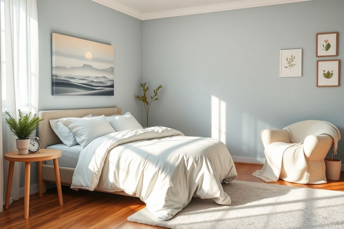 The image showcases a serene bedroom designed to promote restful sleep, featuring soft, muted colors like pale blue and gentle white. A neatly made bed with fluffy white pillows and a light gray comforter is positioned against a wall adorned with calming artwork, depicting a tranquil landscape at dawn. Natural light filters through sheer curtains, casting a warm glow across the room. A bedside table holds a small potted plant and a sleek alarm clock, emphasizing a sense of organization and calm. In the corner, a cozy reading nook with a plush armchair and a soft throw blanket invites relaxation. The flooring is warm wood, complemented by a soft area rug that adds texture and comfort. On the wall, subtle touches of nature are included, with framed botanical prints that enhance the peaceful ambiance. Overall, the room exudes a sense of tranquility and comfort, making it an ideal space for a child to unwind and sleep, reflecting the importance of a healthy sleep environment for managing narcolepsy symptoms.