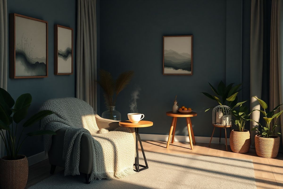 A serene and inviting interior space designed for relaxation, featuring a softly lit, darkened room with plush, muted-colored furnishings. In the center, a comfortable lounge chair is draped with a cozy, knitted blanket, inviting you to retreat from the outside world. A small, round side table beside the chair holds a steaming cup of herbal tea, with gentle wisps of steam rising into the air. The walls are painted in calming shades of deep blue and gray, adorned with subtle, abstract art that promotes tranquility. Soft curtains filter the light, creating a dim, soothing ambiance. In the corner, a small table with a bowl of fresh fruit and a pitcher of water emphasizes hydration, while a few potted plants add a touch of greenery, symbolizing life and freshness. The overall atmosphere is peaceful and calming, a perfect sanctuary for someone seeking relief from migraine symptoms, with warm shadows and soft highlights enhancing the photorealistic quality of the setting.