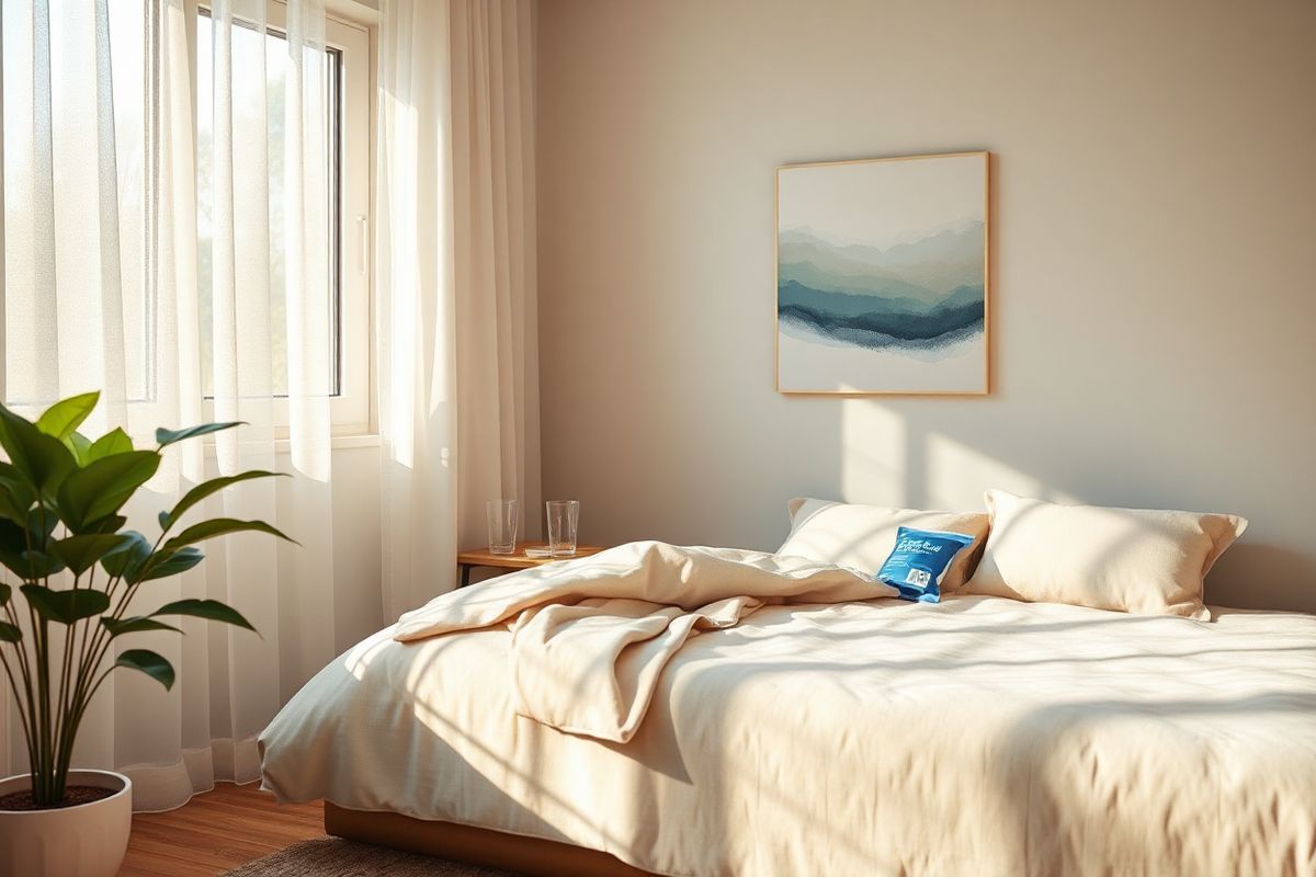 A serene and calming scene depicting a softly lit, tranquil bedroom designed for relaxation during a migraine attack. The room features a large window with sheer, light-filtering curtains that gently diffuse the sunlight, casting a warm glow across the space. A cozy, plush bed is adorned with soft, muted-colored pillows and a lightweight blanket, inviting comfort. Beside the bed, a small wooden nightstand holds a glass of water and a cooling gel pack, symbolizing immediate relief options. On the wall, there is a piece of abstract art in cool tones, evoking a sense of peace and calmness. The floor is covered with a soft, textured rug, adding warmth to the atmosphere. In one corner, a potted plant with lush green leaves brings a touch of nature indoors, enhancing the feeling of serenity. The overall ambiance is one of tranquility, creating an ideal environment for rest and recovery from migraine symptoms, with an emphasis on soft colors, natural elements, and a clutter-free space that promotes relaxation and healing.