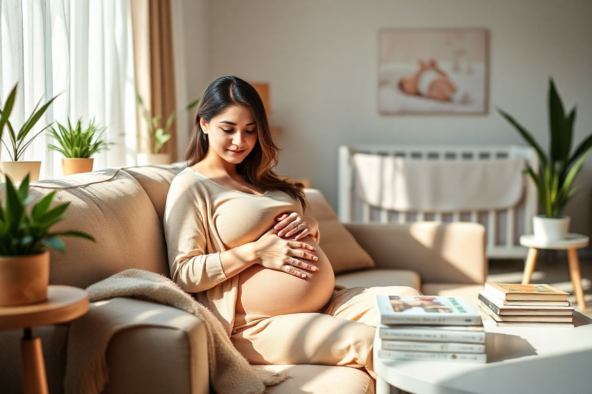 A serene and intimate scene depicting a pregnant woman sitting comfortably on a plush, neutral-toned sofa in a softly lit living room. She has a gentle, contemplative expression as she cradles her round belly with one hand, while the other hand rests on a stack of parenting books on a nearby side table. The room is adorned with warm, earthy colors and natural elements, like potted plants and wooden accents. Sunlight filters through sheer curtains, casting a warm glow across the space. A cozy throw blanket is draped over the arm of the sofa, adding to the inviting atmosphere. In the background, a soft-focus image of a nursery can be seen, with pastel-colored walls and a crib, hinting at the nurturing environment that awaits the child. The overall mood of the image conveys a sense of calm, safety, and thoughtful preparation for motherhood, creating a comforting visual that aligns with the themes of health and wellness during pregnancy.