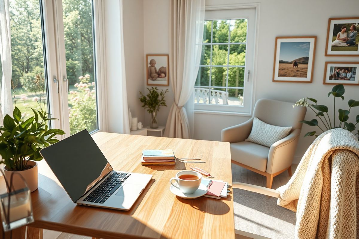 A serene and inviting scene unfolds in a softly lit home office, where a stylish wooden desk is adorned with a sleek laptop, scattered colorful notepads, and a steaming cup of herbal tea, suggesting a moment of focused productivity. In the background, a large window reveals a tranquil view of a sunlit garden filled with blooming flowers and lush greenery, symbolizing growth and tranquility. A cozy armchair sits nearby, draped with a soft, knitted blanket, inviting relaxation. On the wall, framed images of happy families and peaceful landscapes evoke a sense of warmth and connection. A delicate potted plant adds a touch of nature, while a gentle breeze causes the sheer curtains to billow softly, creating an atmosphere of calm and clarity. The overall color palette features soft pastels and warm earth tones, contributing to the peaceful ambiance, making this space a perfect refuge for expectant mothers seeking comfort and focus amidst their journey.