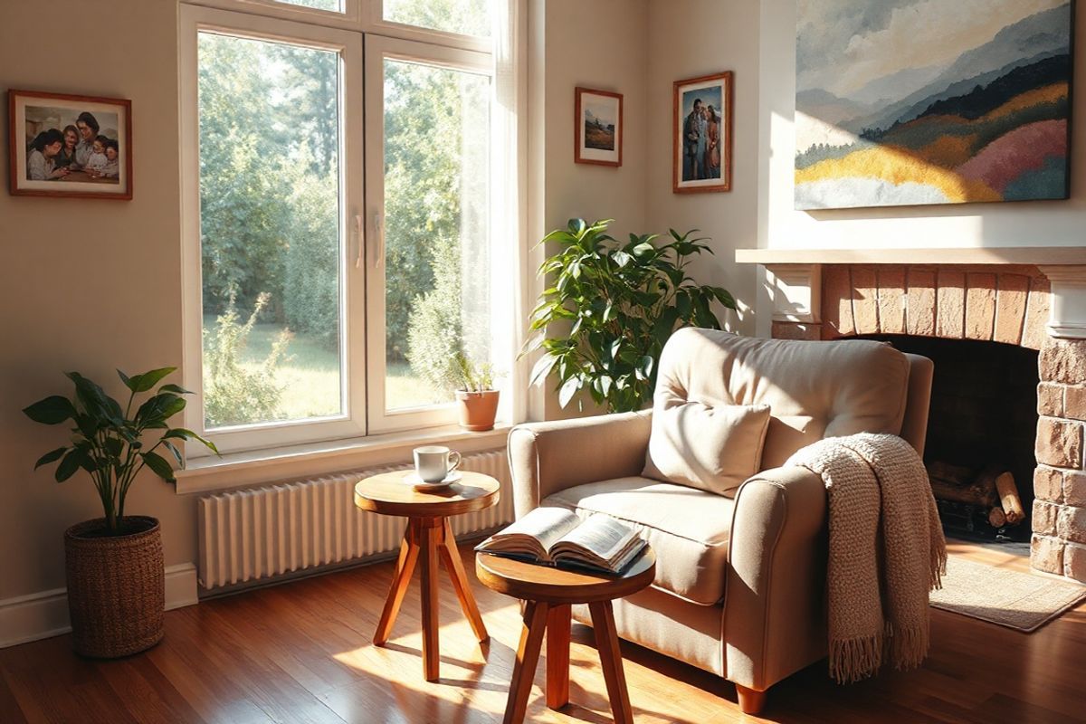 A serene and inviting scene of a cozy living room bathed in warm, natural light. The focal point is a plush, overstuffed armchair upholstered in soft, muted hues, positioned near a large window that showcases a tranquil garden outside. Sunlight streams through the glass, casting gentle shadows on the hardwood floor. A small, round wooden table beside the chair holds a steaming cup of herbal tea and an open book, its pages slightly ruffled as if recently read. On the walls, framed photographs of family gatherings and scenic landscapes add a personal touch. A soft, woven throw blanket drapes over the arm of the chair, inviting relaxation. Nearby, a potted plant with lush green leaves contributes to the room’s peaceful ambiance, while an abstract painting in soothing colors hangs above a fireplace, enhancing the sense of warmth and comfort. The overall atmosphere is one of tranquility and reflection, perfect for a moment of respite and connection with memories, embodying the themes of Alzheimer’s care and the importance of a supportive environment.