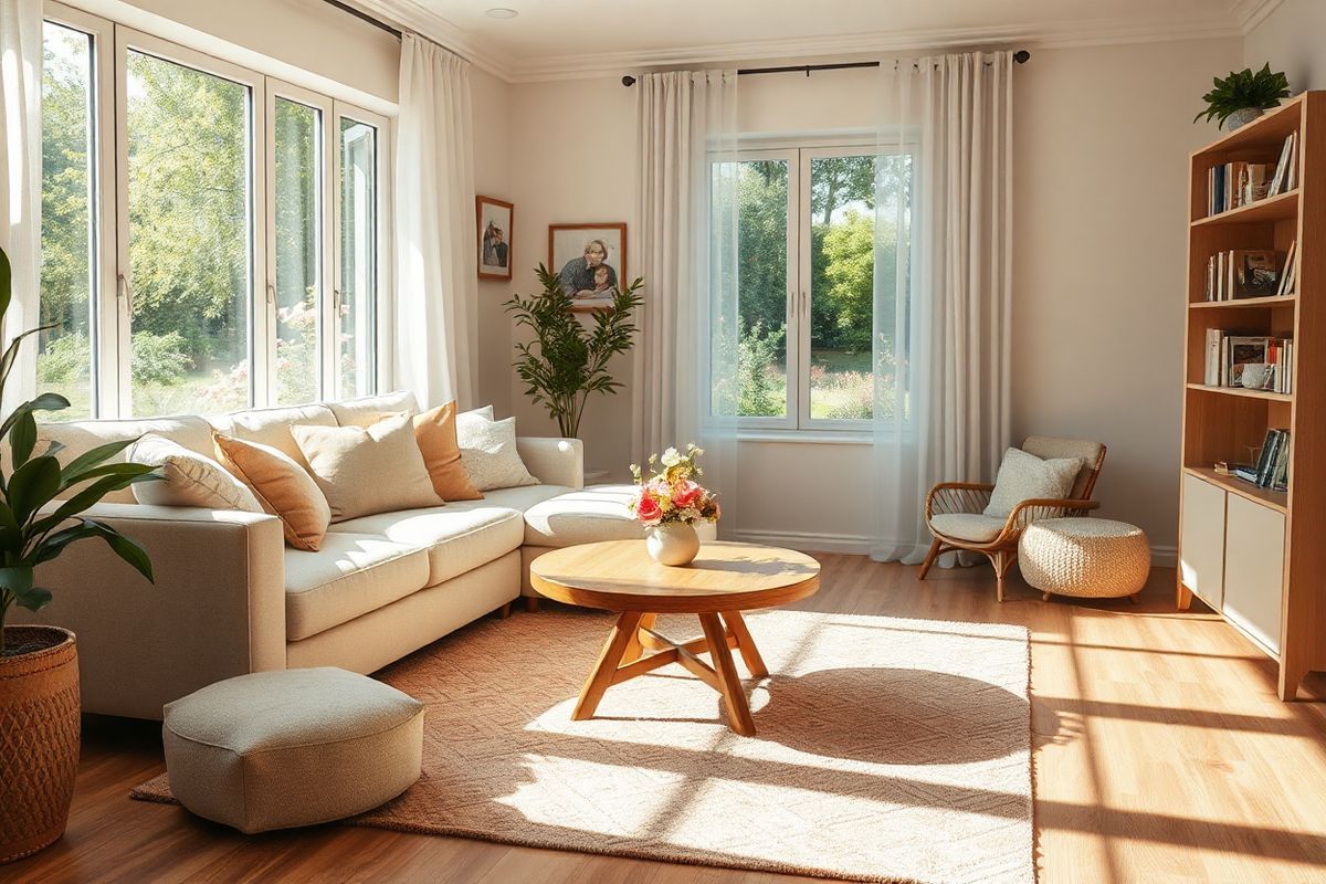 A serene and inviting living room setting bathed in warm, natural light. The room features a soft, plush sofa adorned with pastel-colored cushions, inviting relaxation. A beautifully textured area rug in gentle earth tones anchors the space, while a wooden coffee table sits in the center, displaying a small vase of fresh flowers. On the walls, framed photographs of family moments evoke a sense of nostalgia and connection. A large window reveals a lush garden outside, with flowering plants and gentle greenery, symbolizing life and growth. In one corner, a bookshelf filled with well-loved books and personal mementos adds warmth and character, representing cherished memories. The overall ambiance is calm and peaceful, with hints of sunlight filtering through sheer curtains, casting soft shadows that create a sense of depth and tranquility. This image captures the essence of home, warmth, and the importance of family and connection, making it a perfect visual companion to the themes of memory, support, and daily life impacted by Alzheimer’s disease.