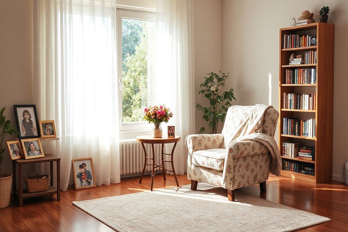 A cozy living room bathed in warm, soft sunlight filtering through sheer white curtains. The room features a comfortable armchair upholstered in a gentle floral pattern, positioned near a small wooden side table adorned with a vase of fresh, vibrant flowers. Surrounding the armchair are family photographs in various frames, showcasing joyful moments and cherished memories, arranged on a rustic shelf. A plush, neatly arranged area rug in calming pastel hues adds warmth to the hardwood floor, while a bookshelf filled with well-loved books stands in the corner. In the background, a serene window with a view of a lush garden invites nature indoors, enhancing the feeling of tranquility. Subtle decorations, such as a small potted plant and a handmade quilt draped over the chair, contribute to the personalized and inviting atmosphere. The overall composition evokes a sense of safety, familiarity, and emotional comfort, perfectly embodying the essence of a supportive environment for individuals with Alzheimer’s.