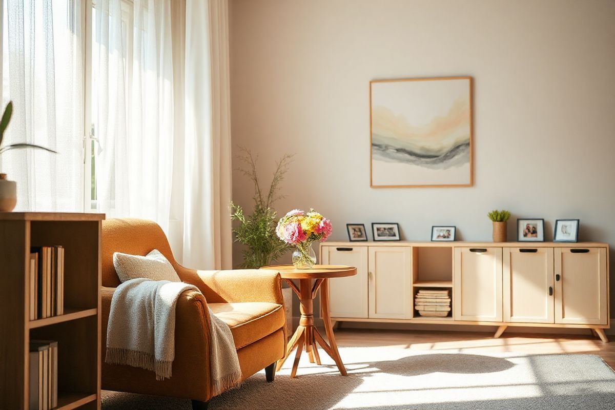 A serene living room bathed in soft, natural light streams through a large window adorned with sheer curtains. The focal point is a comfortable armchair, upholstered in a warm, earthy tone, positioned beside a small, round wooden table. On the table rests a delicate vase filled with fresh flowers, their vibrant colors bringing a touch of life to the space. Nearby, a bookshelf holds a collection of family photographs, showcasing joyful moments and cherished memories. A cozy blanket is draped over the armchair, inviting relaxation. In the background, a gentle, abstract painting hangs on the wall, its calming colors complementing the tranquil atmosphere. The room is designed to feel safe and familiar, with a few personal touches like a framed picture of loved ones and a soft rug underfoot, enhancing the sense of comfort and warmth. This inviting space embodies the emotional support and connection essential for individuals with Alzheimer’s and their caregivers, creating a peaceful environment conducive to meaningful interactions and shared moments.