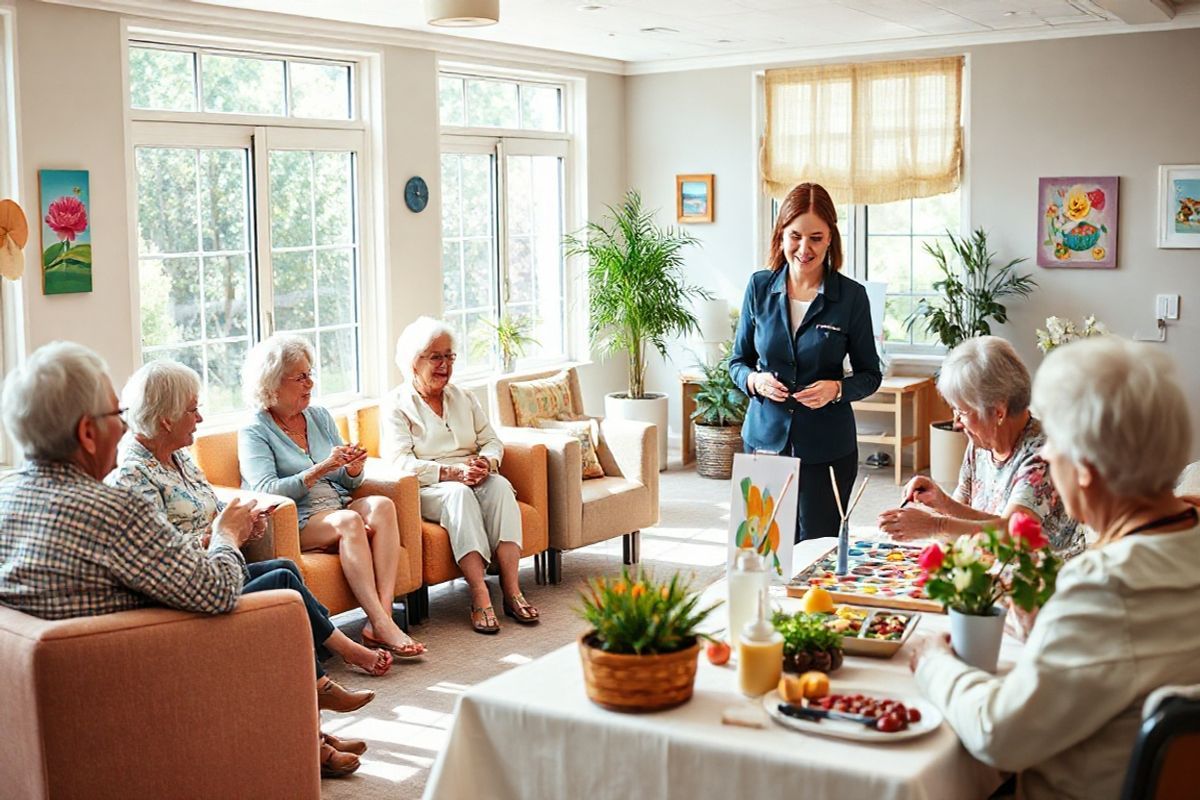 A serene and inviting adult day care center is depicted in the image, showcasing a bright and spacious room filled with natural light streaming through large windows. The room is adorned with cheerful, colorful decorations, including vibrant artwork on the walls and soft, comfortable seating arranged in small groups to encourage social interaction. In one corner, a group of elderly individuals engages in a lively game of cards, their expressions animated and joyful. Nearby, another group participates in a therapeutic art activity, with paintbrushes and canvases scattered across a table, highlighting creativity and cognitive engagement.   In the background, a caring staff member, dressed in a smart uniform, assists a participant with a gentle smile, epitomizing compassion and support. The atmosphere is warm and nurturing, with potted plants and soft cushions adding to the cozy ambiance. A well-set table displaying nutritious meals and snacks is visible, emphasizing the importance of balanced nutrition. Overall, the image conveys a sense of community, care, and engagement, perfectly reflecting the supportive environment of an adult day care center for individuals with Alzheimer’s and other forms of dementia.