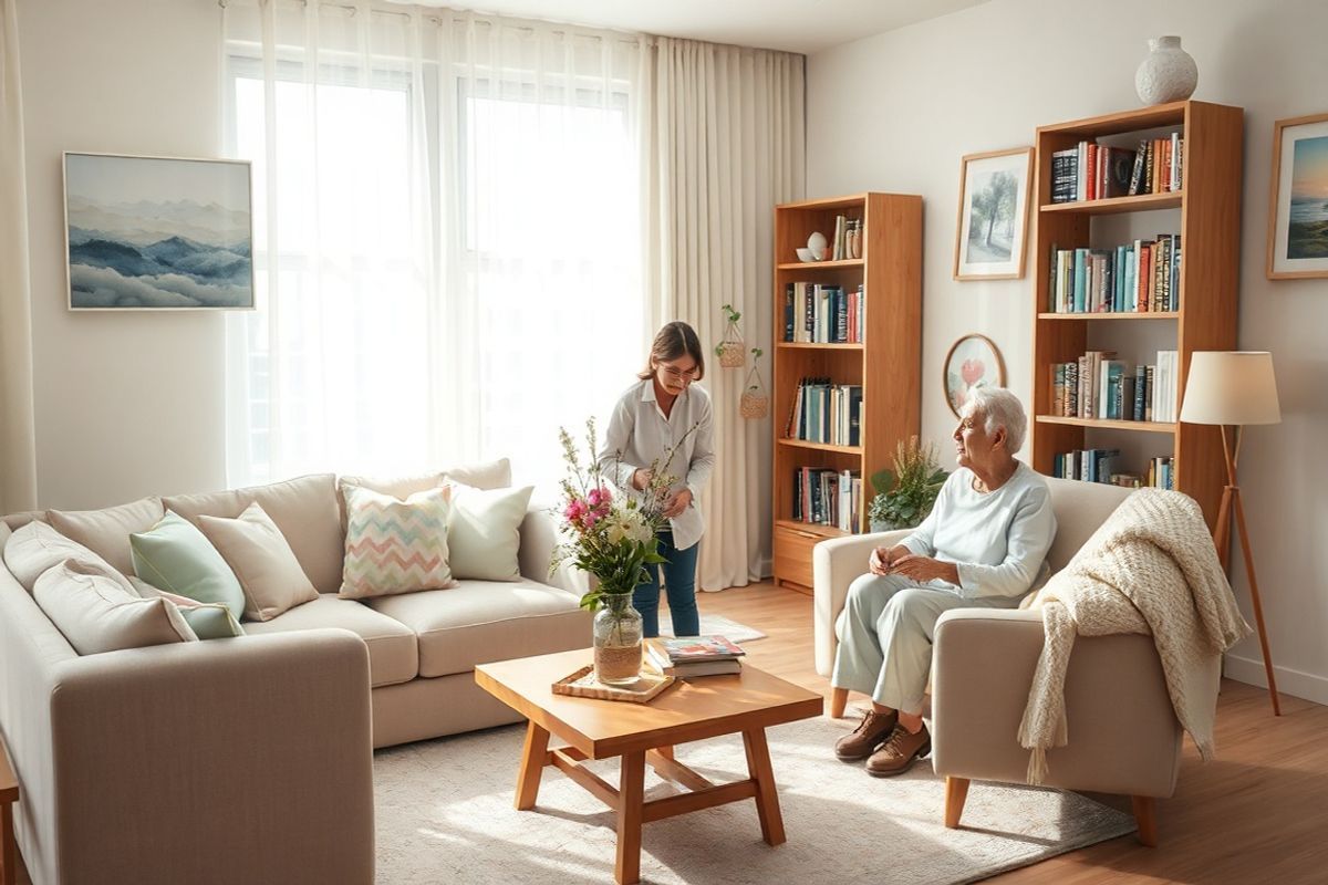 A serene and warm living room setting bathed in soft, natural light filtering through sheer curtains. The space features a comfortable, plush sofa adorned with pastel-colored cushions, inviting relaxation. A wooden coffee table sits at the center, showcasing a small vase filled with fresh flowers, adding a touch of life to the room. Nearby, a cozy armchair is positioned next to a tall bookshelf filled with well-loved books, symbolizing the importance of memory and stories. On the walls, gentle artwork depicting abstract nature scenes enhances the calming atmosphere. In one corner, a caregiver gently assists an elderly person, who appears engaged and content, emphasizing the connection and support between them. The overall color palette is soft and soothing, with light beige, soft greens, and subtle blues, creating a sense of peace and nurturing. A few personal touches, such as framed family photos and a knitted blanket draped over the armchair, evoke a feeling of home and warmth, making the space feel inviting and supportive for both the caregiver and the person receiving care.