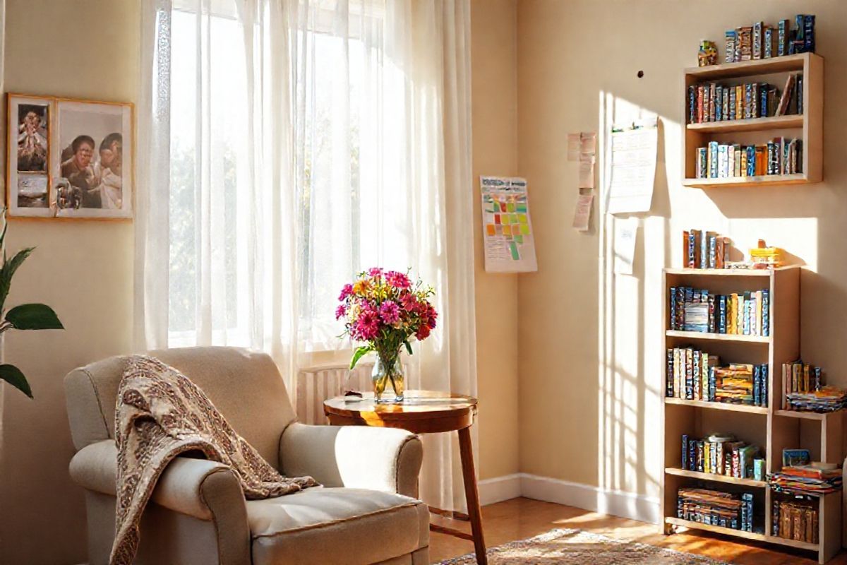 A serene, sunlit living room filled with warm, inviting colors creates a comforting atmosphere for individuals with Alzheimer’s. In the foreground, a soft, plush armchair is positioned next to a small wooden side table adorned with a vibrant vase of fresh flowers, symbolizing the beauty of everyday moments. The walls showcase framed family photographs, capturing joyful memories that evoke a sense of familiarity and connection. A cozy, patterned throw blanket drapes over the armchair, inviting relaxation.   Natural light filters through sheer curtains, casting gentle shadows and illuminating a calendar and a colorful to-do list pinned to a nearby wall, representing the importance of routine and memory aids. In one corner, a small bookshelf displays an array of engaging books and games, suggesting opportunities for cognitive engagement and enjoyment.   The overall ambiance is calm and nurturing, with subtle elements that reflect the strategies caregivers can implement, such as encouraging independence and creating a structured environment. The image encapsulates a harmonious blend of comfort, support, and the beauty of shared moments, making it an ideal visual representation for caregivers navigating the complexities of Alzheimer’s care.