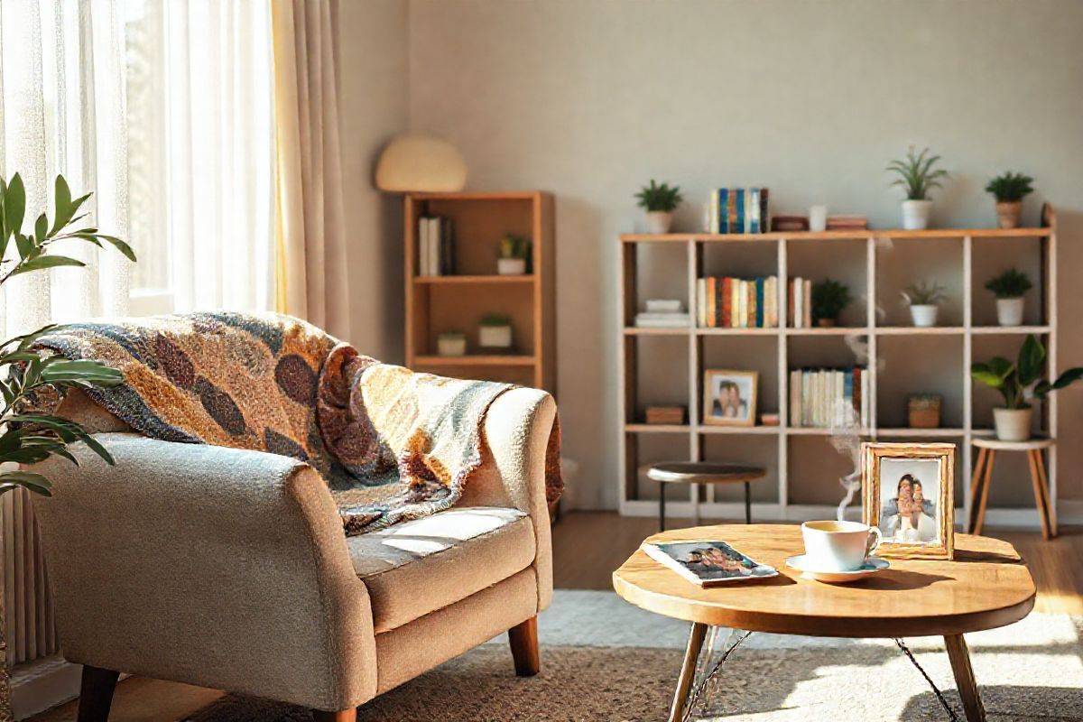 A serene, photorealistic image depicting a cozy living room setting designed for a caregiver and an Alzheimer’s patient. The scene features a comfortable, plush armchair positioned near a softly lit window, where gentle sunlight filters through sheer curtains, casting a warm glow. On a nearby wooden coffee table, there are scattered family photos in elegant frames, showcasing joyful memories of the patient’s past. A colorful quilt drapes over the armchair, adding a touch of warmth and comfort. In the background, a bookshelf is filled with books and small potted plants, creating a nurturing atmosphere. The walls are adorned with soft pastel colors, enhancing the soothing ambiance. A small table beside the armchair holds a cup of herbal tea, steam gently rising, symbolizing moments of care and connection. The overall composition evokes a sense of tranquility, emphasizing the importance of a supportive environment for those affected by Alzheimer’s, while highlighting the bond between caregiver and patient in a space that feels both inviting and safe.