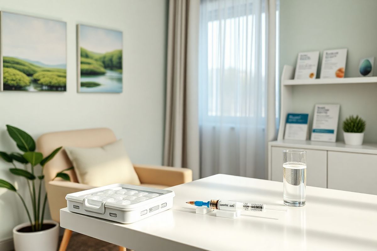 A photorealistic image showcases a serene and inviting healthcare setting, emphasizing comfort and support. The scene features a softly lit consultation room with light pastel walls adorned with calming artwork depicting nature, such as lush green landscapes and tranquil water bodies. In the foreground, a well-organized medical table is set up with a sterile injection kit, ice packs neatly placed beside it, and a glass of water, symbolizing hydration. A plush, inviting chair is positioned next to the table, with a small potted plant adding a touch of warmth and life to the space. The background features a window with sheer curtains, allowing natural light to filter in, creating a soothing atmosphere. On a nearby shelf, health brochures about Apretude and wellness are neatly arranged, highlighting the importance of education and awareness in HIV prevention. The overall composition conveys a sense of safety, care, and professionalism, making it an ideal visual representation of the supportive strategies for managing Apretude’s side effects and enhancing the treatment experience.