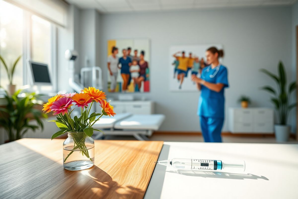 A photorealistic image featuring a serene healthcare setting, showcasing a well-lit clinic room with modern medical equipment. The focal point is an elegant wooden table adorned with a small bouquet of vibrant flowers, symbolizing hope and health. In the background, a nurse gently prepares a syringe filled with a clear liquid, representing Apretude, on a clean, white surface. Soft sunlight streams through a large window, casting a warm glow over the space, while a poster on the wall subtly depicts a diverse group of individuals engaging in healthy activities, emphasizing community and support. The overall atmosphere is calm and inviting, reflecting the importance of accessible healthcare.