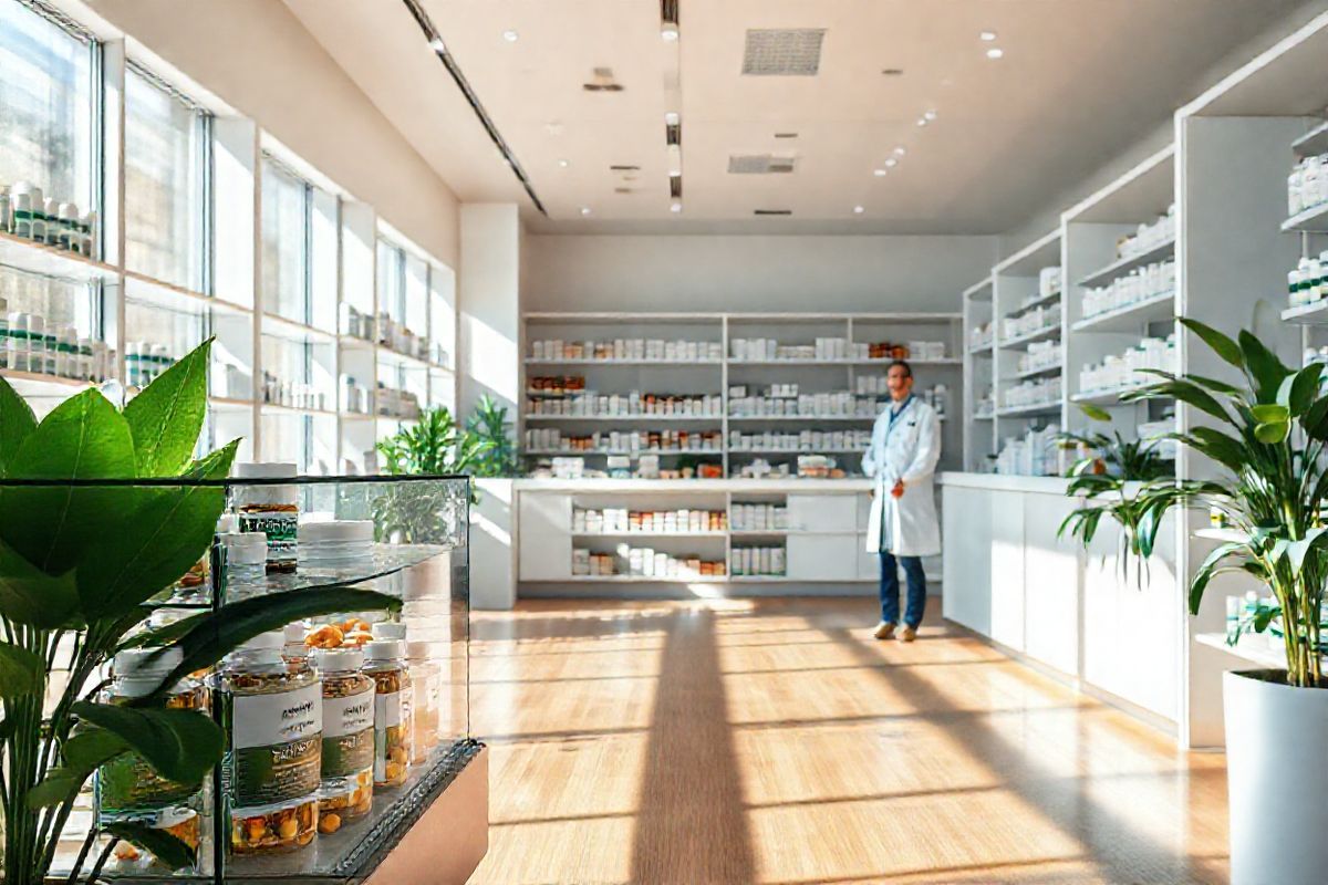 A photorealistic image of a serene, modern pharmacy interior, featuring sleek, minimalist design elements. The scene showcases bright, well-organized shelves filled with various medications and supplements, neatly labeled and arranged for easy access. Soft, natural light filters through large windows, casting gentle shadows on polished wooden floors. In the foreground, a glass display case holds an assortment of dietary supplements, including omega-3 capsules and colorful vitamin bottles, inviting close inspection. A friendly pharmacist, dressed in a crisp white coat, is assisting a patient at the counter, conveying a sense of trust and professionalism. Lush green plants are strategically placed throughout the space, adding a touch of nature and warmth. The overall atmosphere is calming and inviting, emphasizing the importance of health and wellness, while subtly hinting at the significance of understanding drug interactions in a visually appealing and informative manner.