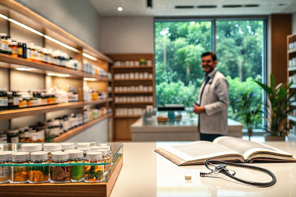 A photorealistic image captures a serene and modern pharmacy interior, featuring a well-organized display of medicine bottles and supplements on sleek wooden shelves. The lighting is soft and inviting, with warm tones illuminating the space. In the foreground, a clear glass countertop showcases a variety of colorful vitamins and herbal supplements, arranged neatly in small, elegant containers. Behind the counter, a friendly pharmacist with a warm smile is interacting with a patient, discussing health options. A large window allows natural light to flood in, revealing a lush green garden outside, symbolizing health and vitality. On a nearby table, an open medical book lies next to a stethoscope, signifying the blend of traditional and modern approaches to health. The overall atmosphere exudes professionalism, care, and trust, creating a visual narrative that aligns with the themes of medication management and health awareness discussed in the article.