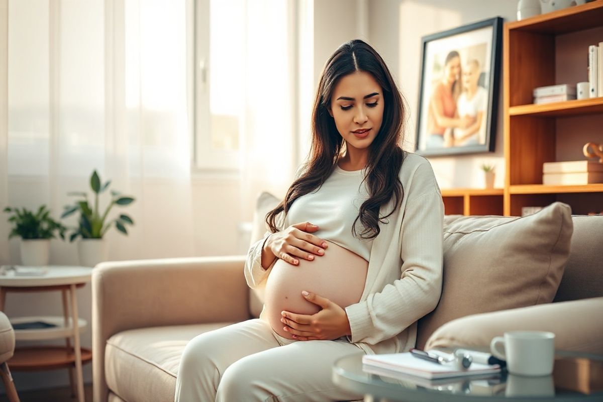 A serene and calming scene unfolds in a softly lit medical consultation room, where a pregnant woman sits thoughtfully on a plush, neutral-colored couch. She is gently cradling her belly, her expression one of contemplation and concern. Surrounding her are warm-toned wooden shelves filled with medical books and a few potted plants, symbolizing growth and life. A window allows soft, golden sunlight to filter in, casting a warm glow over the space and creating a peaceful ambiance. On a nearby table, a stethoscope lies next to a notepad and pen, indicating an ongoing conversation with a healthcare provider. In the background, a framed image of a healthy, happy family hangs on the wall, representing hope and the future. The overall color palette is soft and inviting, featuring shades of cream, sage green, and gentle pastels, evoking feelings of safety and tranquility, perfect for a moment of reflection on the complexities of pregnancy and health.