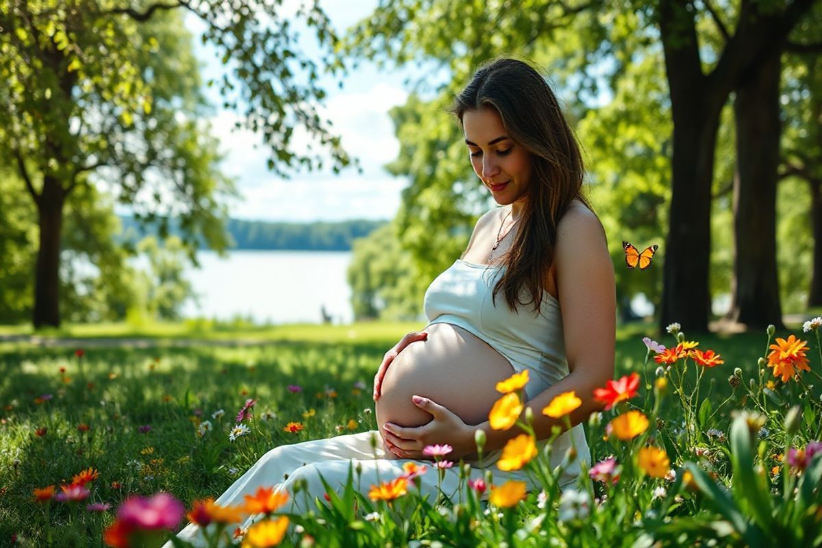 A serene and tranquil scene of a pregnant woman gently cradling her baby bump while sitting in a lush green park. The sunlight filters through the leaves of tall trees, casting dappled shadows on the ground. Surrounding her are vibrant wildflowers in various colors, symbolizing life and health. In the background, a soft-focus image of a distant lake reflects the blue sky and fluffy white clouds, adding a sense of calmness to the atmosphere. The woman is portrayed with a soft, peaceful expression, embodying hope and contemplation about motherhood and health. A gentle breeze rustles the leaves, and a few butterflies flutter nearby, enhancing the idyllic setting. The overall color palette is warm and inviting, combining soft greens, yellows, and blues, creating a sense of harmony and natural beauty, which resonates with the themes of care, consideration, and the journey of pregnancy.