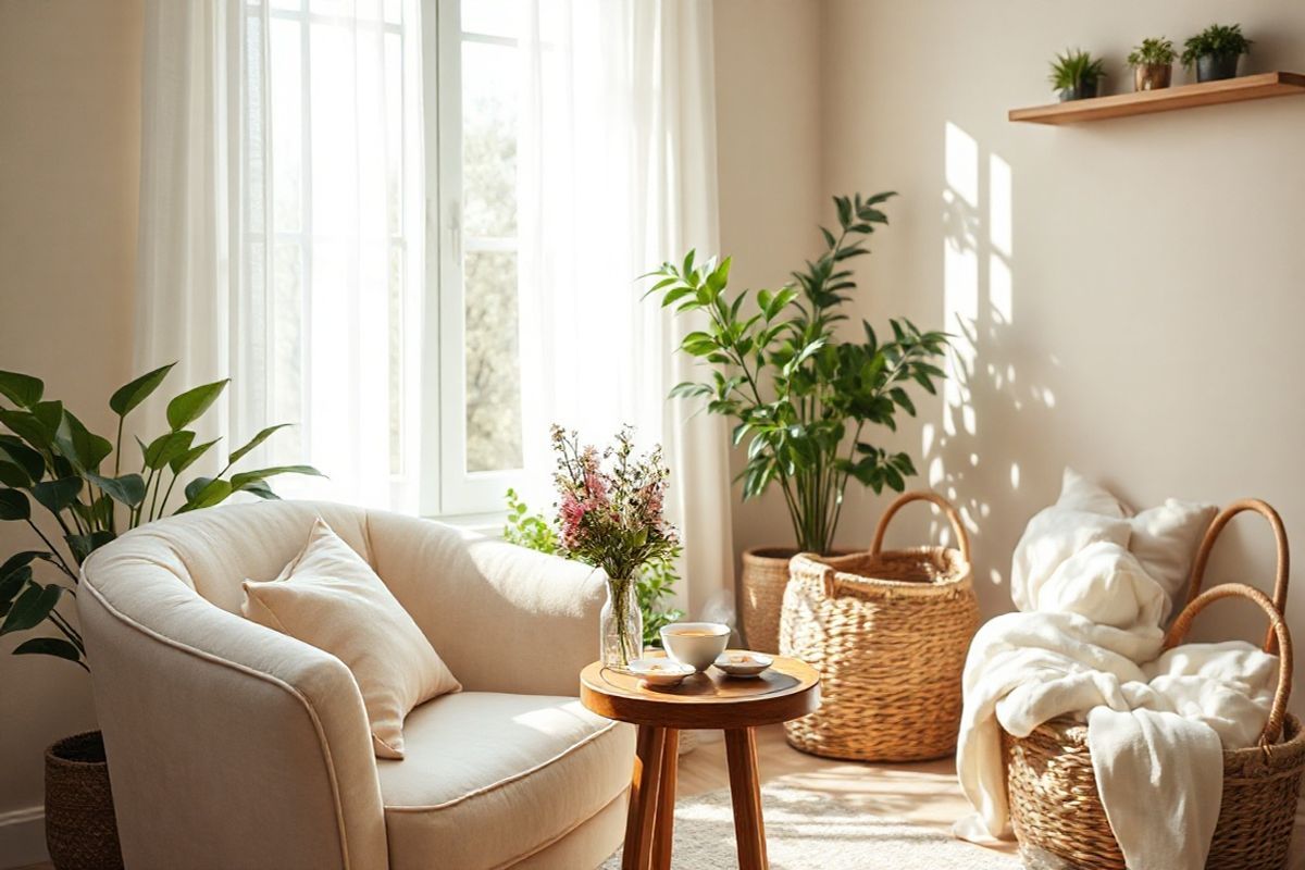 A serene and inviting scene depicting a cozy, sunlit room designed for relaxation and self-care. In the foreground, a plush, cream-colored armchair is adorned with soft, pastel cushions, creating a comfortable nook. A small, round wooden table beside it holds a delicate porcelain tea set, complete with a steaming cup of herbal tea, surrounded by fresh flowers in a vase. The background features a large window draped with sheer white curtains, allowing the warm sunlight to filter through and illuminate the space. Lush green plants are strategically placed around the room, adding a touch of nature and tranquility. A woven basket filled with soft blankets sits in one corner, inviting relaxation. The walls are painted in calming, muted tones, enhancing the peaceful ambiance. This image evokes a sense of comfort and well-being, symbolizing the importance of taking time for oneself and nurturing pelvic health.