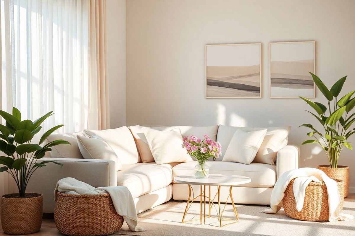 A serene and inviting scene unfolds in a softly lit, tastefully decorated living room. The focal point is a plush, light-colored sofa adorned with elegant throw pillows in soothing pastel hues. Nearby, a delicate coffee table holds a small vase filled with fresh, vibrant flowers, adding a touch of nature to the space. A large window drapes sheer curtains that gently filter sunlight, casting a warm glow throughout the room. On the walls, subtle artwork depicting abstract forms and gentle landscapes creates an ambiance of calm and tranquility. In the corner, a potted plant with lush green leaves brings a sense of life and vitality, symbolizing growth and healing. A woven basket sits next to the sofa, filled with soft blankets, inviting comfort and relaxation. The overall atmosphere is one of warmth, peace, and nurturing, effectively reflecting the emotional and physical wellness themes associated with understanding and managing bladder prolapse. This image embodies a safe haven where individuals can feel at ease, encouraging them to seek knowledge and support for their health concerns.