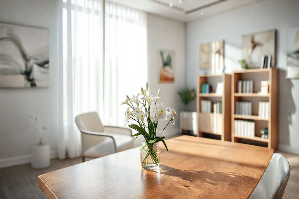 A photorealistic image depicting a serene and calming medical environment, featuring a softly lit consultation room with modern furnishings. In the foreground, a sleek wooden table holds a small vase of fresh white lilies, symbolizing hope and purity. The background showcases a large window with sheer curtains, allowing soft, natural light to filter in, casting gentle shadows across the room. On the walls, there are abstract art pieces in soothing pastel colors, promoting a sense of tranquility. A comfortable chair sits beside the table, inviting patients to sit and discuss their treatment options. In one corner, a small bookshelf is filled with medical literature and supportive resources, emphasizing the importance of knowledge in patient care. The overall ambiance is warm and welcoming, designed to evoke feelings of safety and reassurance in patients navigating their cancer treatment journey.