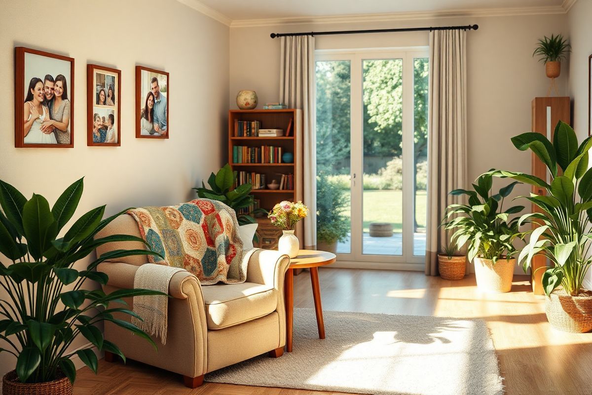 A serene and inviting living room setting that captures the essence of a compassionate caregiving environment for individuals with Alzheimer’s. The room features soft, warm lighting that creates a calming atmosphere. In the center, a comfortable, plush armchair is positioned next to a wooden side table adorned with a small vase of fresh flowers, symbolizing care and attention. A colorful quilt drapes over the armchair, adding a touch of warmth and homeliness.   On the walls, framed photographs of joyful family moments hang, showcasing the connection and love shared among family members. A bookshelf filled with well-loved books and games occupies one corner, inviting engagement and interaction.   In the background, a large window opens up to a view of a peaceful garden, with sunlight streaming in and casting gentle shadows across the room. Lush green plants are strategically placed around the space, promoting a sense of tranquility and life. The overall composition conveys a sense of safety, comfort, and emotional support, embodying the essence of effective Alzheimer’s caregiving strategies.