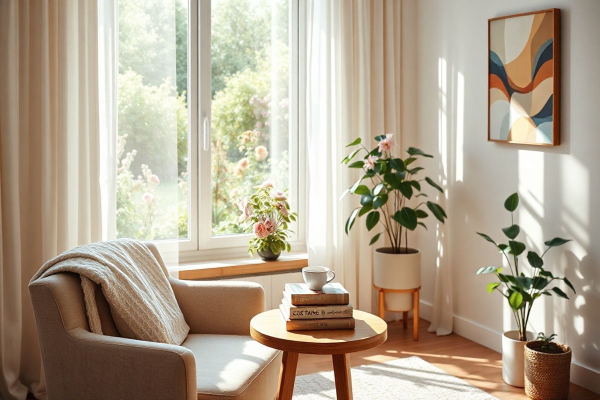 A serene scene depicting a cozy living room bathed in warm, natural light. The room features a comfortable armchair and a soft throw blanket draped over its arm, inviting relaxation. A small, round wooden coffee table sits beside the chair, adorned with a neatly arranged stack of caregiving books and a steaming cup of tea. In the background, a large window reveals a beautiful garden filled with blooming flowers and lush greenery, symbolizing growth and hope. On the walls, gentle, abstract artwork reflects calming colors, enhancing the peaceful atmosphere. A potted plant sits in one corner, adding a touch of nature indoors. Light filters through sheer curtains, casting soft shadows and creating a tranquil ambiance. The overall composition conveys a sense of comfort and support, embodying the nurturing environment essential for caregivers and their loved ones.