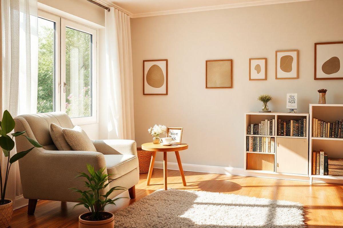 A cozy living room bathed in warm, natural light, featuring a comfortable armchair with soft, inviting cushions. In the corner, a small wooden side table holds a steaming cup of tea and a framed family photo, symbolizing cherished memories. A large window with sheer white curtains offers a view of a serene garden with blooming flowers, representing hope and tranquility. On the walls, gentle pastel colors create a calm atmosphere, while a few tasteful art pieces depict abstract shapes and nature scenes. A plush area rug adds warmth to the hardwood floor, and a small bookshelf filled with well-loved books showcases the importance of knowledge and connection. In the foreground, a small potted plant adds a touch of greenery, symbolizing growth and nurturing. The overall ambiance of the room conveys comfort, safety, and a sense of home, reflecting the loving care and support that caregivers provide to their loved ones with Alzheimer’s.