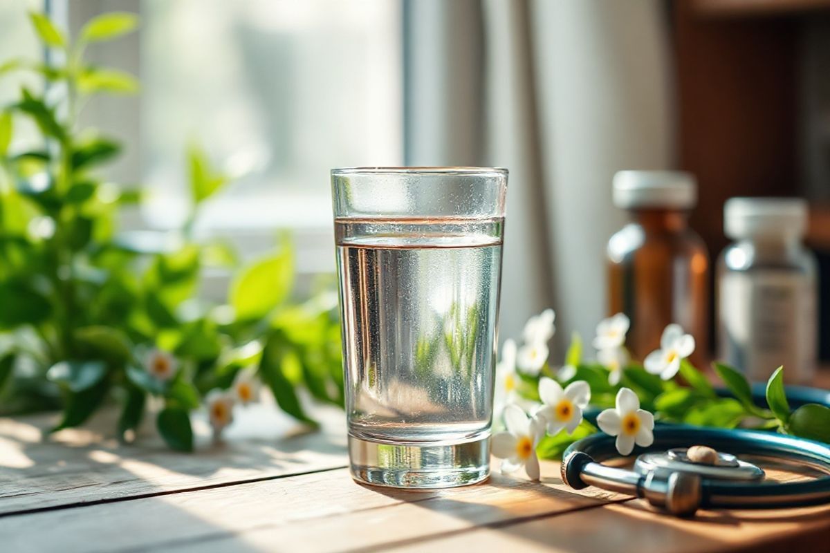 A close-up photorealistic image of a serene and tranquil setting that conveys a sense of health and well-being. The focal point is a glass of clear water placed on a wooden table, surrounded by natural elements. Soft sunlight filters through a window, casting gentle shadows and highlighting the water’s surface. In the background, there are lush green plants, symbolizing vitality and growth, with soft-focus leaves creating a calming atmosphere. Small, delicate flowers in pastel colors bloom nearby, adding a touch of beauty and warmth to the scene. A few medical items, such as a pill bottle and a stethoscope, are subtly integrated into the composition, representing the importance of health management without overwhelming the viewer. The overall color palette is soothing, with earthy tones and soft greens, evoking a sense of peace and mindfulness in connection with health and medication. The image should capture the essence of balance, care, and the importance of maintaining a healthy lifestyle while managing medical treatments, resonating with the themes discussed in the article.