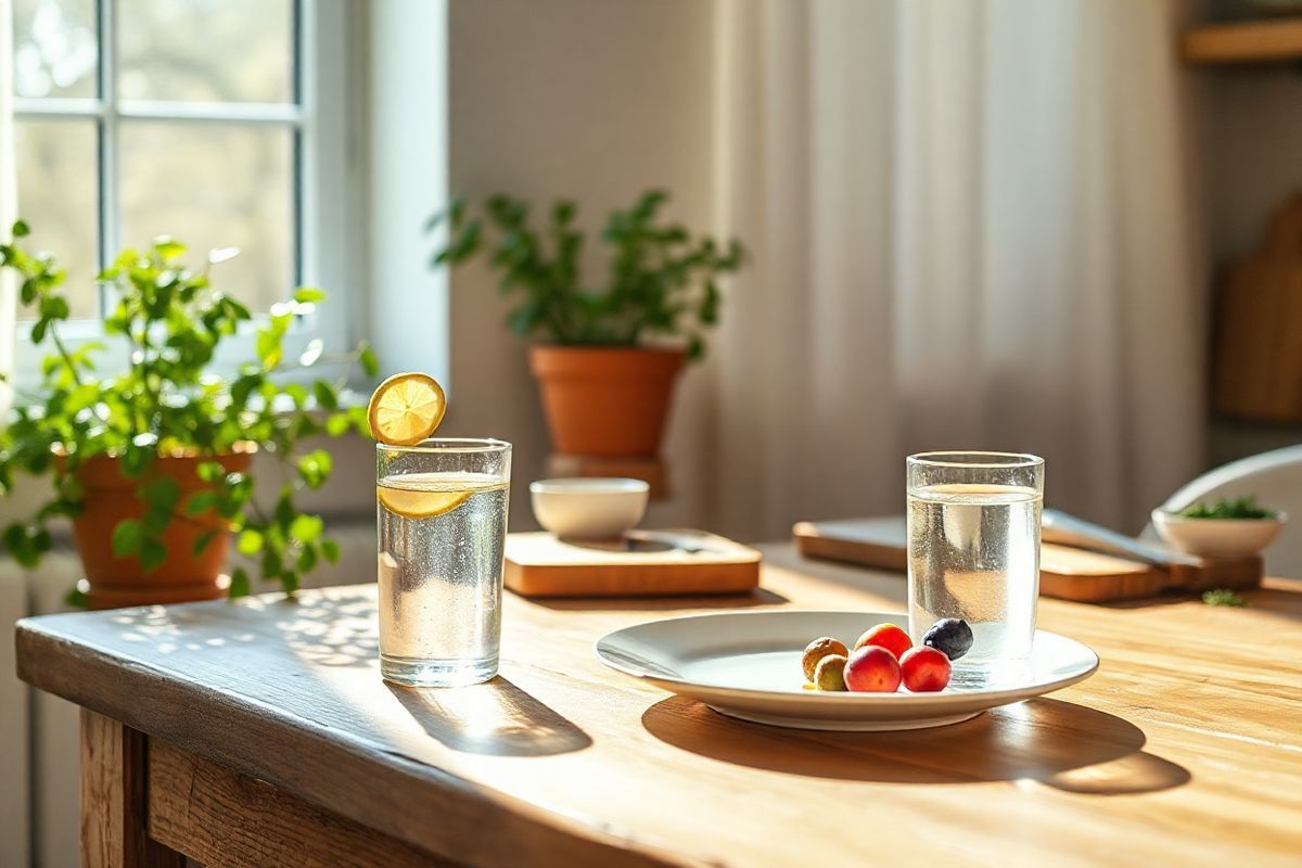 A serene and inviting kitchen setting bathed in soft, natural light streaming through a large window. The focal point is a rustic wooden table beautifully set with a delicate porcelain plate featuring a light meal of small, colorful fruits, such as berries and slices of citrus. A glass of clear water with a slice of lemon rests beside the plate, reflecting the sunlight. In the background, a lush green plant thrives in a terracotta pot, adding a touch of nature and freshness to the scene. The countertops are adorned with simple, elegant kitchen tools, including a wooden cutting board and a small bowl of herbs, emphasizing a wholesome approach to cooking. Soft, pastel-colored curtains gently sway with a slight breeze, creating a warm and cozy atmosphere. The overall composition evokes a sense of tranquility and health, symbolizing nourishment and care—ideal for conveying the importance of hydration and nutrition as coping strategies during treatment.