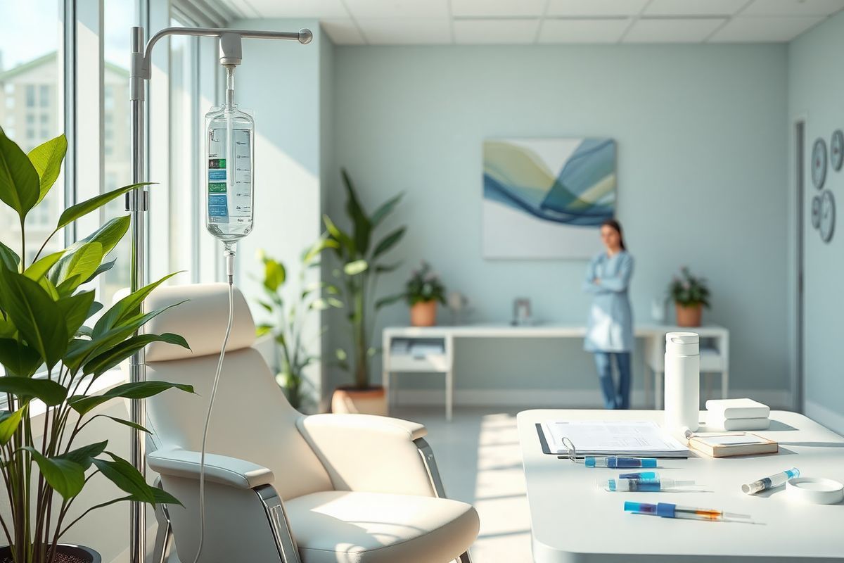 A photorealistic image depicting a serene medical setting, focused on a well-lit, modern infusion room. In the foreground, a comfortable reclining chair is positioned beside a sleek IV stand with an infusion bag gently hanging, reflecting a sense of hope and healing. The background features soft, calming colors—pale blues and greens—along with large windows allowing natural light to flood the space. Potted plants with vibrant green leaves add a touch of life and tranquility to the environment. On a nearby table, a well-organized array of medical supplies, including syringes, antiseptic wipes, and a patient’s chart, exemplifies the attention to detail in patient care. The walls are adorned with abstract art that conveys calmness, while a small, friendly nurse can be seen in the background, attentively monitoring a patient. The overall atmosphere is one of comfort and reassurance, emphasizing the importance of support during medical treatments, particularly in the context of targeted cancer therapies like Elahere. This image captures the essence of medical care, reflecting both the clinical and compassionate aspects of treatment.