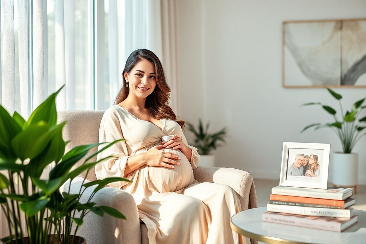 A serene and inviting scene unfolds in a softly lit, modern healthcare setting. In the foreground, a pregnant woman, with a gentle smile, sits comfortably in a plush armchair, cradling her baby bump with one hand while holding a warm cup of herbal tea in the other. She is dressed in a light, flowing maternity gown that complements the calming pastel color palette of the room. Surrounding her are lush green plants in elegant pots, adding a touch of nature to the environment.   On a nearby table, a stack of informative books about pregnancy and chronic illness management rests beside a framed photo of a happy family, symbolizing hope and support. The background features large windows with sheer curtains, allowing soft, natural light to flood the room, creating an atmosphere of warmth and tranquility. Subtle decorative elements, such as a cozy throw blanket draped over the chair and a soothing piece of abstract art on the wall, enhance the overall sense of peace and well-being, perfectly embodying the theme of maternal health and the importance of making informed decisions about medication during pregnancy.