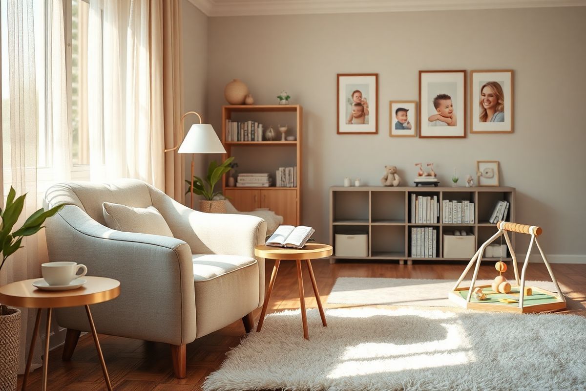 A serene, photorealistic depiction of a cozy living room designed for a mother and her baby, emphasizing comfort and warmth. The image features a soft, plush armchair in muted pastel colors, positioned beside a window with sheer, flowing curtains that allow gentle sunlight to filter in, casting a warm glow. A small side table holds a cup of herbal tea and an open book, suggesting moments of relaxation. In the background, a stylish bookshelf lined with baby care books and decorative items adds a personal touch. A plush rug covers the wooden floor, providing a safe space for a baby play area, adorned with soft toys and a colorful play mat. Framed photographs of happy family moments hang on the walls, evoking a sense of love and connection. The overall ambiance is calm and inviting, reflecting a nurturing environment where a mother can manage her health while caring for her child. This image captures the essence of balance between motherhood and self-care, perfectly aligning with the themes of treatment and personal well-being in the context of managing IBD.