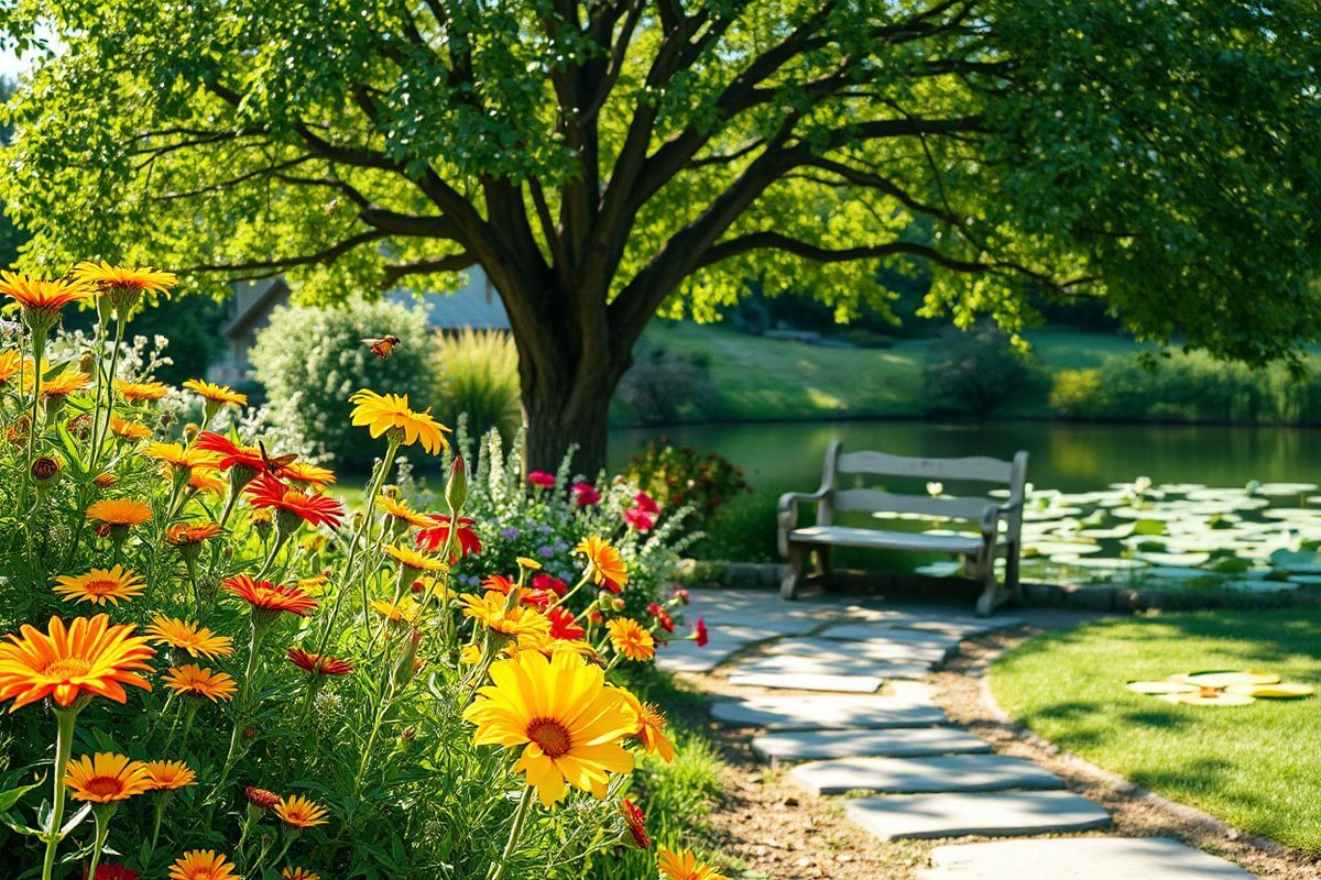 A photorealistic image captures a serene and tranquil outdoor scene set in a lush, sun-dappled garden. In the foreground, vibrant flowers bloom in a riot of colors, including bright yellows, deep reds, and soft blues, attracting buzzing bees and fluttering butterflies. A gently winding path, made of smooth stones, meanders through the garden, leading to a quaint wooden bench shaded by a large, leafy tree. Sunlight filters through the branches, casting playful shadows on the ground, while a soft breeze rustles the leaves, creating a peaceful ambiance. In the background, a tranquil pond reflects the sky, dotted with lily pads and delicate white flowers. The atmosphere is calm and inviting, suggesting a safe space for relaxation and contemplation. This idyllic setting symbolizes awareness and education about allergic reactions, encouraging mindfulness of the natural world and the beauty of life, while subtly hinting at the importance of being prepared for unexpected challenges, such as allergic reactions.