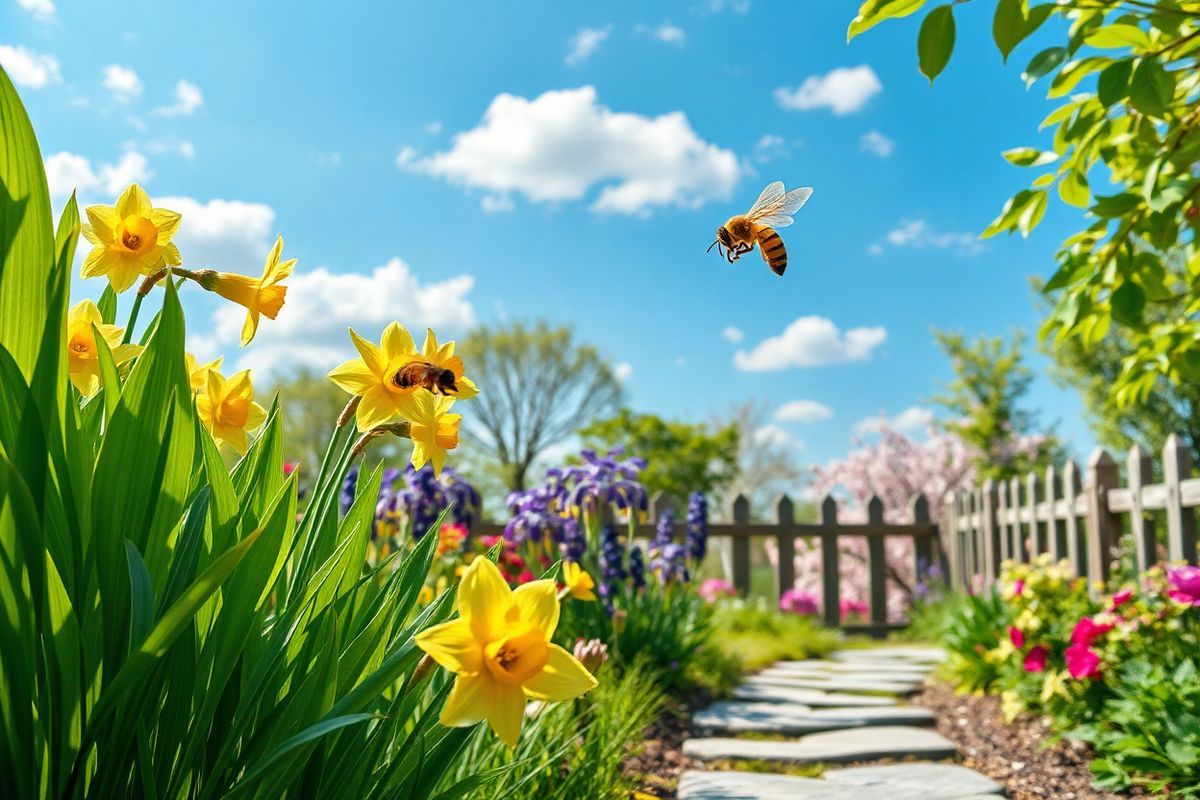 A photorealistic image depicts a serene outdoor scene in springtime, showcasing a vibrant garden filled with blooming flowers in various colors, such as bright yellow daffodils, deep purple irises, and delicate pink cherry blossoms. In the foreground, a gentle breeze rustles through lush green leaves, while a clear blue sky dotted with fluffy white clouds stretches overhead. The garden is bordered by a quaint wooden fence, and a small path made of smooth stones leads through the flowers, inviting viewers to explore. In one corner, a honeybee hovers near a bright flower, symbolizing the connection to nature and the potential for allergic reactions. The light softly filters through the leaves, casting dappled shadows on the ground, creating a tranquil atmosphere. The overall composition evokes a sense of peace and beauty in nature, contrasting with the complexities of allergic reactions, making it an ideal visual representation for the article on allergies and their triggers.