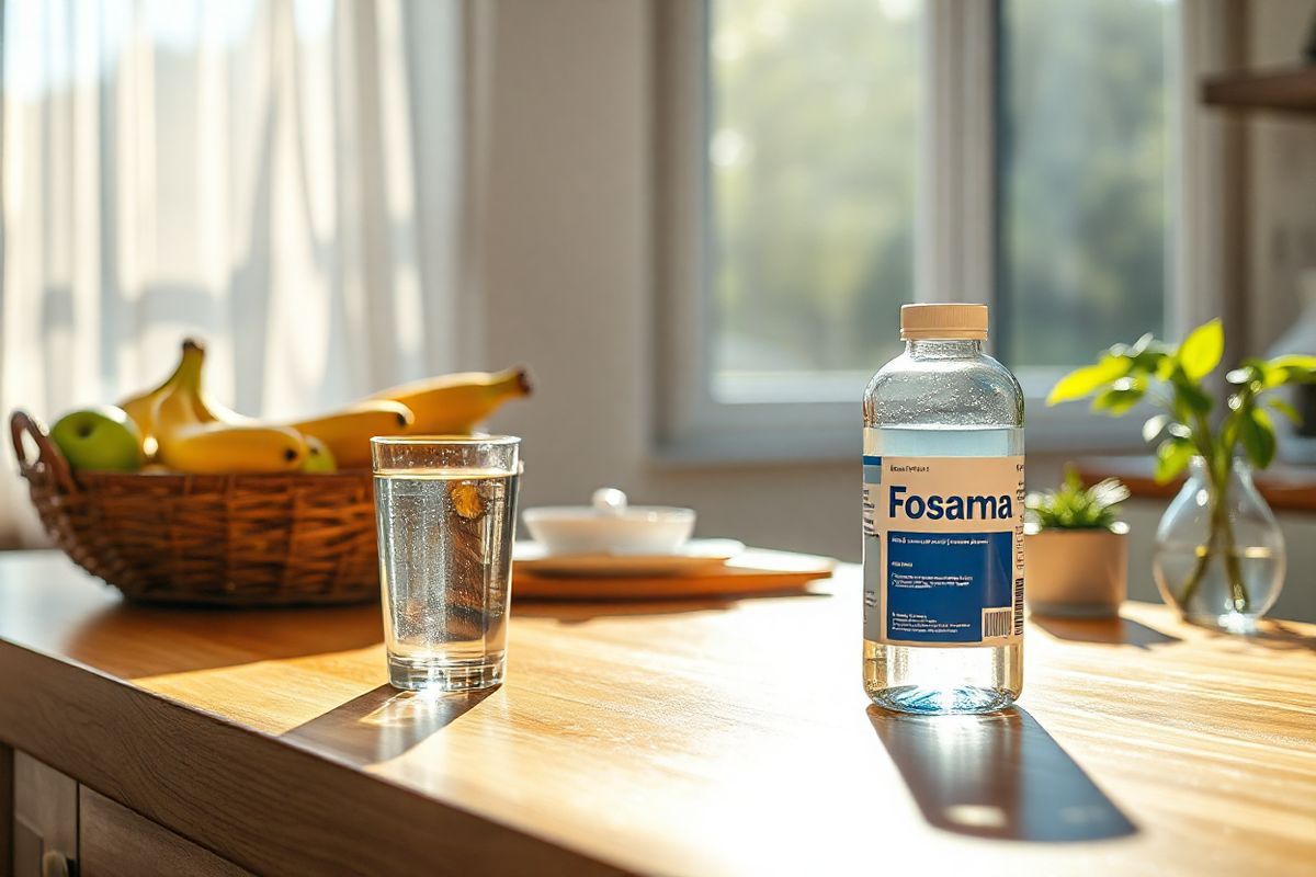 A serene kitchen setting bathed in soft morning light, featuring a polished wooden table elegantly set for breakfast. On the table, there is a large glass of clear water beside a bottle of Fosamax, with its label facing away, emphasizing its presence without displaying any text. The background showcases a window with sheer curtains gently fluttering in the breeze, allowing sunlight to filter in and cast delicate shadows across the countertop. Fresh fruits, such as ripe bananas and bright green apples, are artistically arranged in a woven basket, adding a touch of color and vitality to the scene. Nearby, a small potted plant with lush green leaves adds a natural element, symbolizing health and wellness. The overall ambiance conveys a sense of calm and mindfulness, inviting the viewer to reflect on the importance of taking medication as part of a healthy lifestyle. The image’s photorealistic quality captures the textures of the wood, the clarity of the water, and the freshness of the fruits, creating an inviting and warm atmosphere that complements the theme of health management and medication.