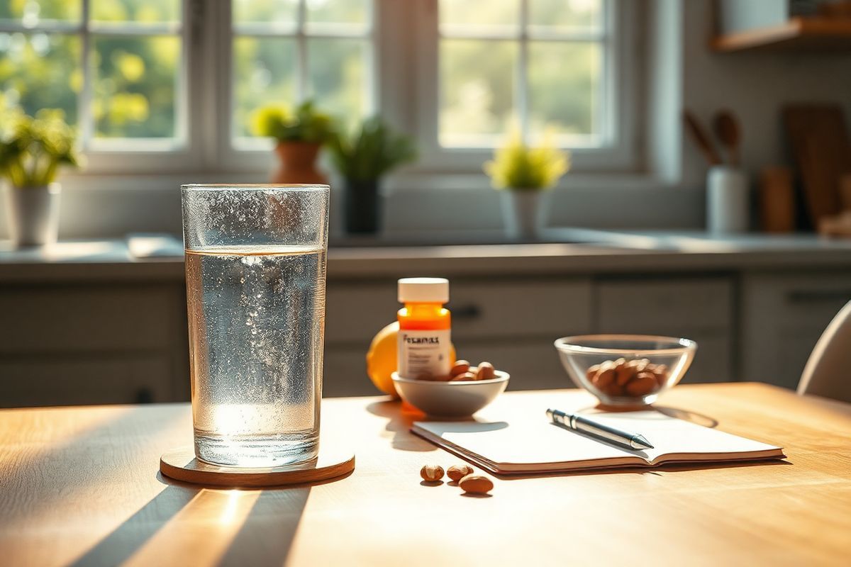 A serene and inviting kitchen setting bathed in warm morning light. The focal point is a wooden table adorned with a full glass of clear water, glistening with condensation, and a prescription bottle of Fosamax, its label hidden from view. Beside the bottle, a neatly placed notepad with a pen suggests a moment of reflection or planning. Freshly cut lemons and a small bowl of almonds add a touch of color and healthiness, symbolizing a balanced lifestyle. In the background, a window reveals a lush garden with soft greenery, inviting nature inside. The countertops are clean and organized, enhancing the sense of calm and focus. Subtle kitchen utensils and a fruit basket are artfully arranged, adding to the homey atmosphere. The overall composition conveys a sense of wellness and preparation, emphasizing the importance of health routines. Soft shadows and highlights create depth, making the scene photorealistic and visually appealing, capturing the essence of a mindful approach to health management.