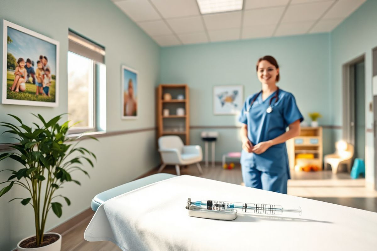 A photorealistic image of a serene and inviting healthcare environment featuring a well-lit vaccination room. The room is adorned with soft pastel colors, promoting a calm atmosphere. In the foreground, a clean, modern examination table is covered with a fresh white sheet, and a small tray with a syringe and vaccine vial sits nearby, glistening under the gentle overhead lights. On the walls, framed images of healthy families and children enjoying outdoor activities convey a sense of vitality and well-being. A potted plant in the corner adds a touch of nature, while a window allows natural light to filter in, casting a warm glow across the room. A nurse, dressed in scrubs and a friendly smile, is preparing for vaccination, embodying professionalism and care. In the background, an inviting waiting area is visible, featuring comfortable chairs and children’s toys, suggesting a friendly and reassuring environment for families. The overall composition evokes feelings of safety, health, and hope, perfectly aligning with the message of HPV vaccination as a vital step in cancer prevention.