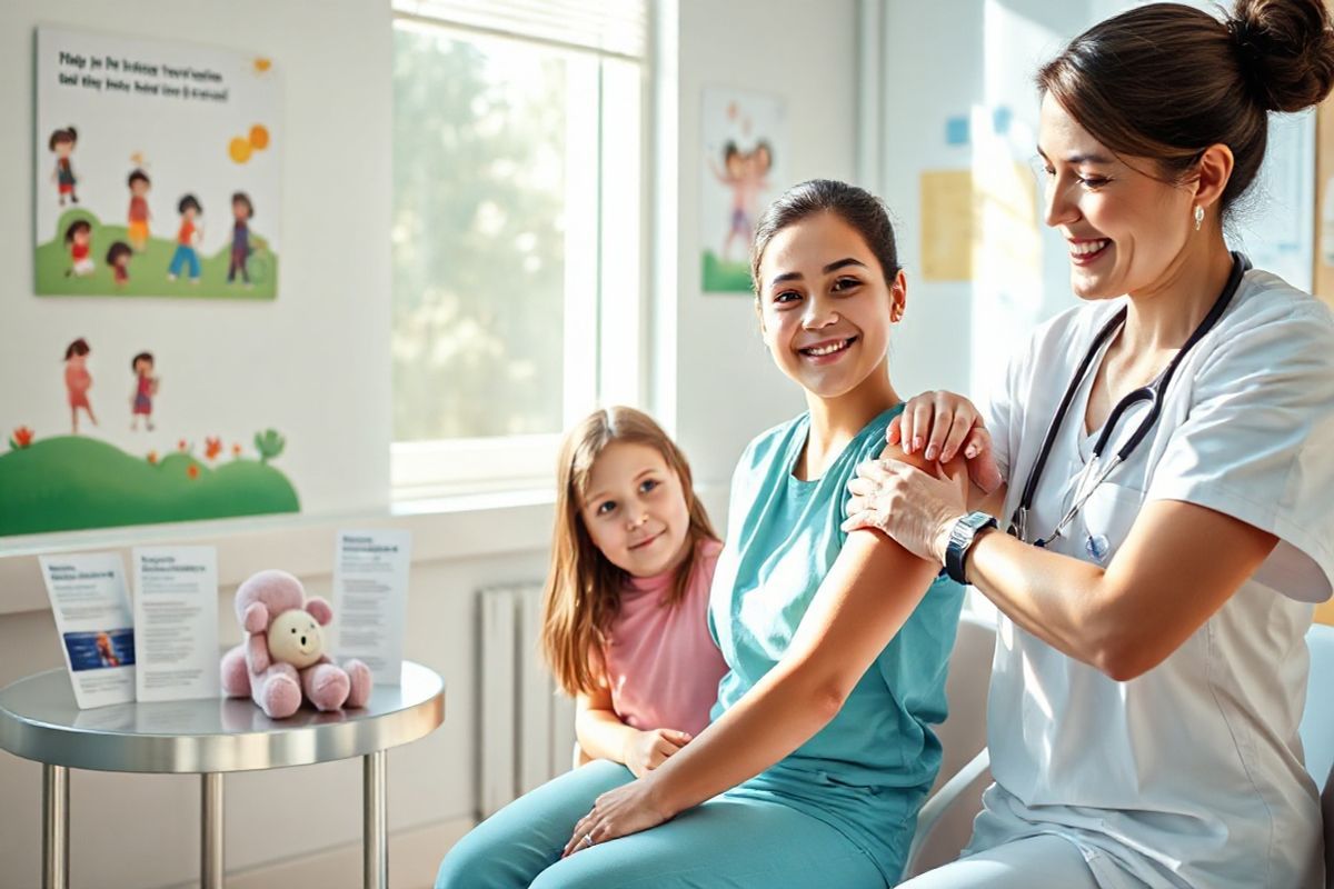 A photorealistic image depicting a serene healthcare setting featuring a young adolescent girl sitting comfortably in a brightly lit clinic room. She is receiving the Gardasil 9 vaccine from a caring healthcare professional who is gently administering the shot in her upper arm. The room is adorned with colorful, child-friendly artwork on the walls illustrating a healthy lifestyle and the importance of vaccinations. A small table nearby holds a few educational brochures about HPV and the vaccine, alongside a plush toy that adds a comforting touch. Natural light streams through a window, creating a warm and inviting atmosphere. The girl appears relaxed and reassured, with a slight smile, emphasizing the positive experience of getting vaccinated. The healthcare provider, wearing a friendly expression and medical scrubs, exemplifies professionalism and compassion, reinforcing the message of health and preventive care. The overall composition captures the essence of hope, health, and the significance of vaccination in preventing diseases, making it a perfect visual accompaniment to the discussion on Gardasil 9 and HPV protection.