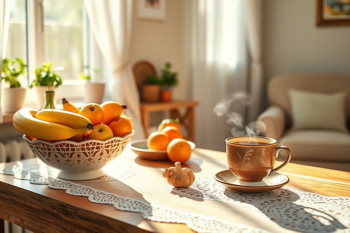 A serene and cozy scene of a sunlit kitchen, featuring a wooden table adorned with a delicate white lace tablecloth. On the table, there is a small bowl filled with fresh, vibrant fruits like bananas, apples, and oranges, symbolizing healthy snacks for expectant mothers. Nearby, a steaming cup of ginger tea rests on a rustic ceramic saucer, hinting at soothing remedies for nausea. In the background, a window with sheer curtains allows soft, warm light to filter through, illuminating the space and creating a comforting atmosphere. Potted herbs like mint and ginger are placed on the windowsill, adding a touch of greenery and freshness. The kitchen walls are painted in soft pastel colors, contributing to the calm and inviting ambiance. A hint of a cozy armchair can be seen in the corner, suggesting a perfect spot for relaxation and self-care during pregnancy. The overall composition conveys warmth, tranquility, and the nurturing environment ideal for expectant mothers dealing with morning sickness.