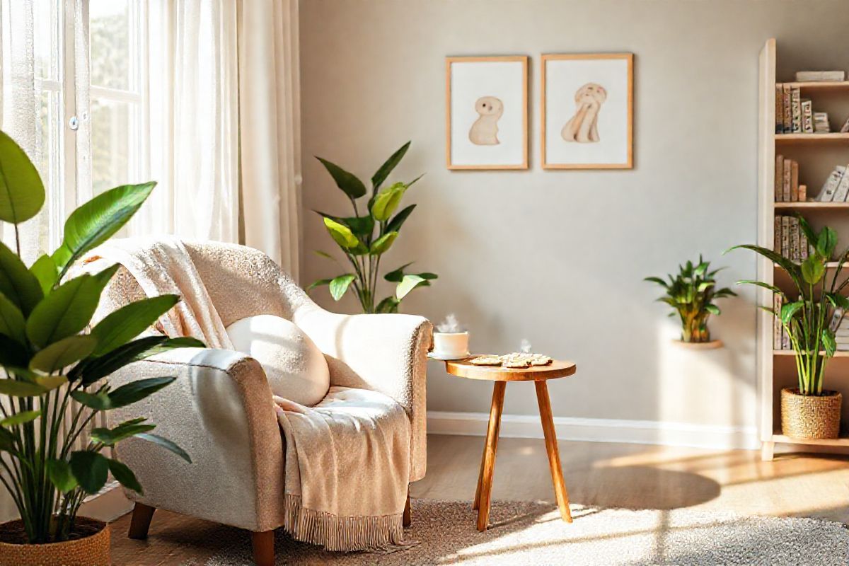 A serene and inviting scene depicting a cozy, softly lit room designed for a pregnant woman. The focal point is a plush armchair adorned with a light pastel throw blanket, set beside a small wooden side table holding a steaming cup of ginger tea and a plate of plain crackers. In the background, a window reveals a gentle morning light filtering through sheer curtains, casting a warm glow over the space. Lush green plants are placed strategically around the room, adding a touch of nature and tranquility. On the wall, a few framed illustrations of baby animals in delicate watercolors evoke a sense of warmth and nurturing. The floor is covered with a soft, textured rug, and a small bookshelf displays pregnancy-related books and journals, creating an atmosphere of comfort and care. This image captures the essence of a supportive environment for expectant mothers, emphasizing relaxation and wellness during the challenges of pregnancy.