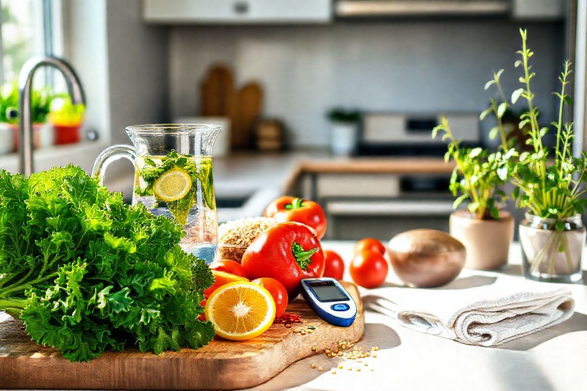 A photorealistic image of a well-arranged kitchen countertop, embodying a healthy lifestyle theme. The scene features a wooden cutting board with an array of colorful, fresh vegetables—vibrant green leafy kale, bright red bell peppers, and ripe tomatoes—alongside a bowl of whole grains like quinoa and brown rice. To one side, a glass pitcher filled with clear water infused with slices of lemon and sprigs of mint adds a refreshing touch. Nearby, a blood glucose meter rests on a neatly folded kitchen towel, hinting at the importance of monitoring blood sugar levels. Soft, natural light streams in through a nearby window, casting gentle shadows and highlighting the freshness of the ingredients. The background showcases sleek, modern kitchen appliances, emphasizing a clean and organized space, while potted herbs like basil and rosemary add a touch of greenery, suggesting the integration of cooking and health in daily life. The overall composition conveys a sense of balance, health, and mindful living, encouraging viewers to embrace a holistic approach to managing blood sugar levels through diet and lifestyle.