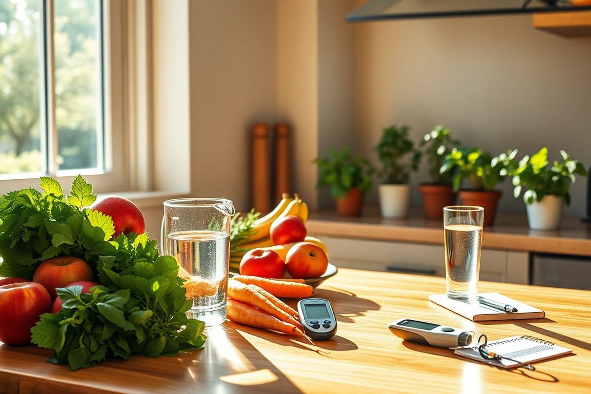 A photorealistic image of a serene kitchen setting, bathed in warm, natural light streaming through a large window. The focal point is a wooden dining table adorned with a colorful array of fresh fruits and vegetables, including vibrant red apples, ripe bananas, leafy greens, and bright orange carrots, symbolizing healthy eating. Nearby, a glass pitcher filled with clear water sits next to a tall glass, reflecting the sunlight, emphasizing hydration. In the background, a cozy nook features a potted herb garden, showcasing basil, mint, and rosemary, representing fresh, flavorful cooking. On the counter, a digital blood glucose meter and a small notebook with a pen hint at the importance of monitoring health. The overall atmosphere is inviting and peaceful, with soft shadows creating depth, evoking a sense of balance and wellness.