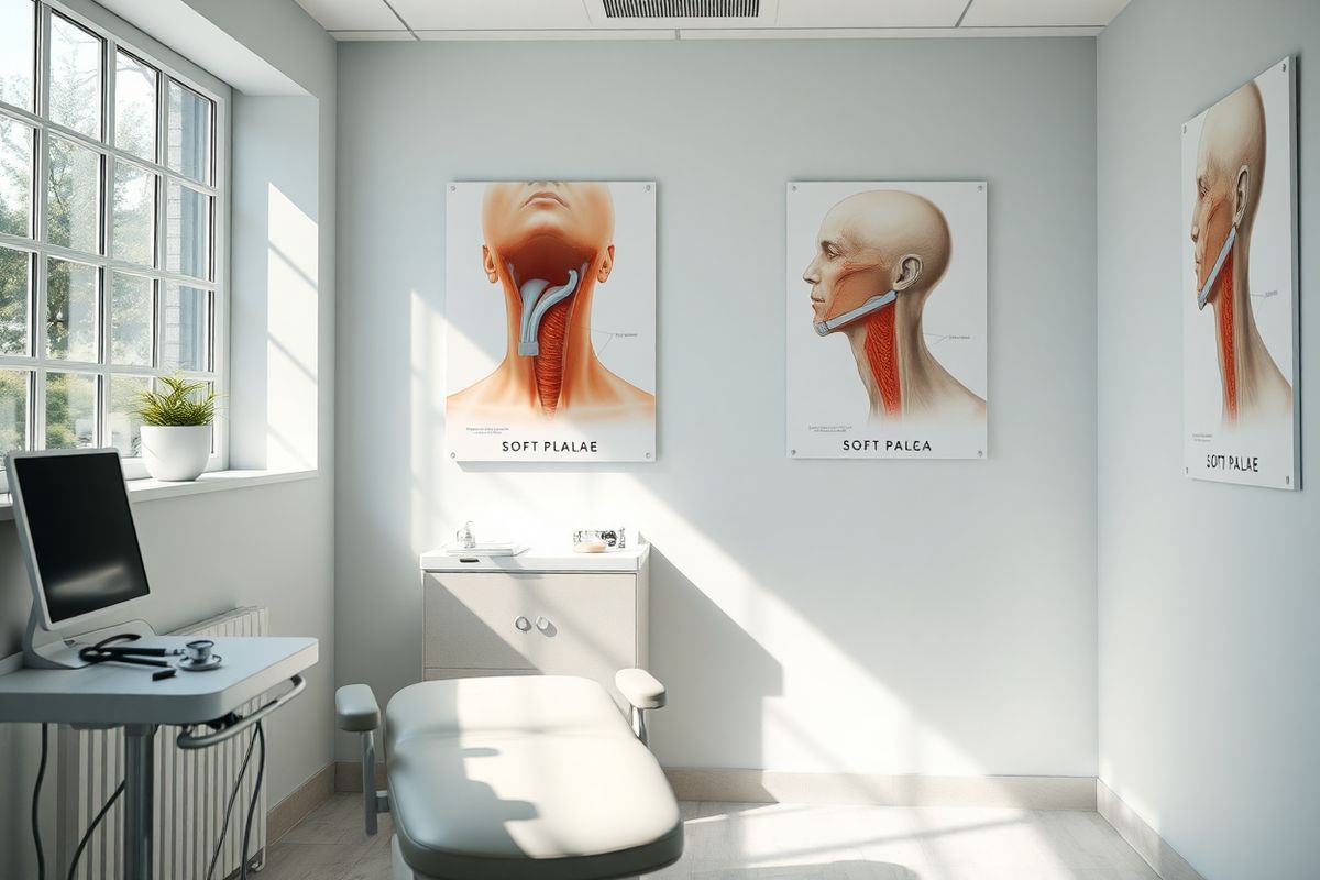 A photorealistic image of a serene medical examination room, softly lit by natural light flowing through a large window. The room features a comfortable examination chair positioned near a well-organized countertop with various medical instruments and a stethoscope. On the walls, there are detailed anatomical posters showcasing the human throat and soft palate, emphasizing the intricate structures involved in swallowing and speaking. A small potted plant sits on the windowsill, adding a touch of greenery and warmth to the environment. The overall atmosphere conveys a sense of calm and professionalism, inviting patients to feel at ease as they prepare for their examination. A subtle focus on the soft palate area in the anatomical diagrams highlights the importance of early detection and diagnosis, aligning with the theme of patient care and attention to health. The clean and inviting ambiance subtly suggests the importance of seeking medical advice for unusual symptoms, reflecting a commitment to health and well-being.