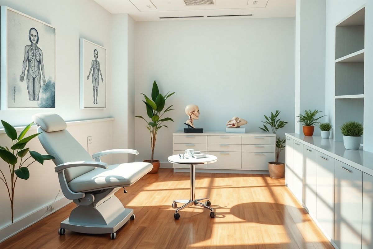 A photorealistic image showcases a serene medical examination room bathed in soft, natural light filtering through large windows. The room features a modern examination chair with plush upholstery, surrounded by clean, white walls adorned with calming artwork depicting abstract representations of the human anatomy. A small, elegant table holds medical instruments meticulously arranged, reflecting a sense of order and professionalism. In the background, a sleek anatomical model of the human head and neck lies on a shelf, emphasizing the focus on oral health. Potted plants add a touch of greenery, creating a tranquil atmosphere. The floor is polished wood, contributing warmth to the environment, while a gentle, inviting color palette of soft blues and greens enhances the calming ambiance. This setting symbolizes hope and care in the journey of understanding and treating soft palate cancer, evoking a sense of comfort and reassurance for patients and their families.